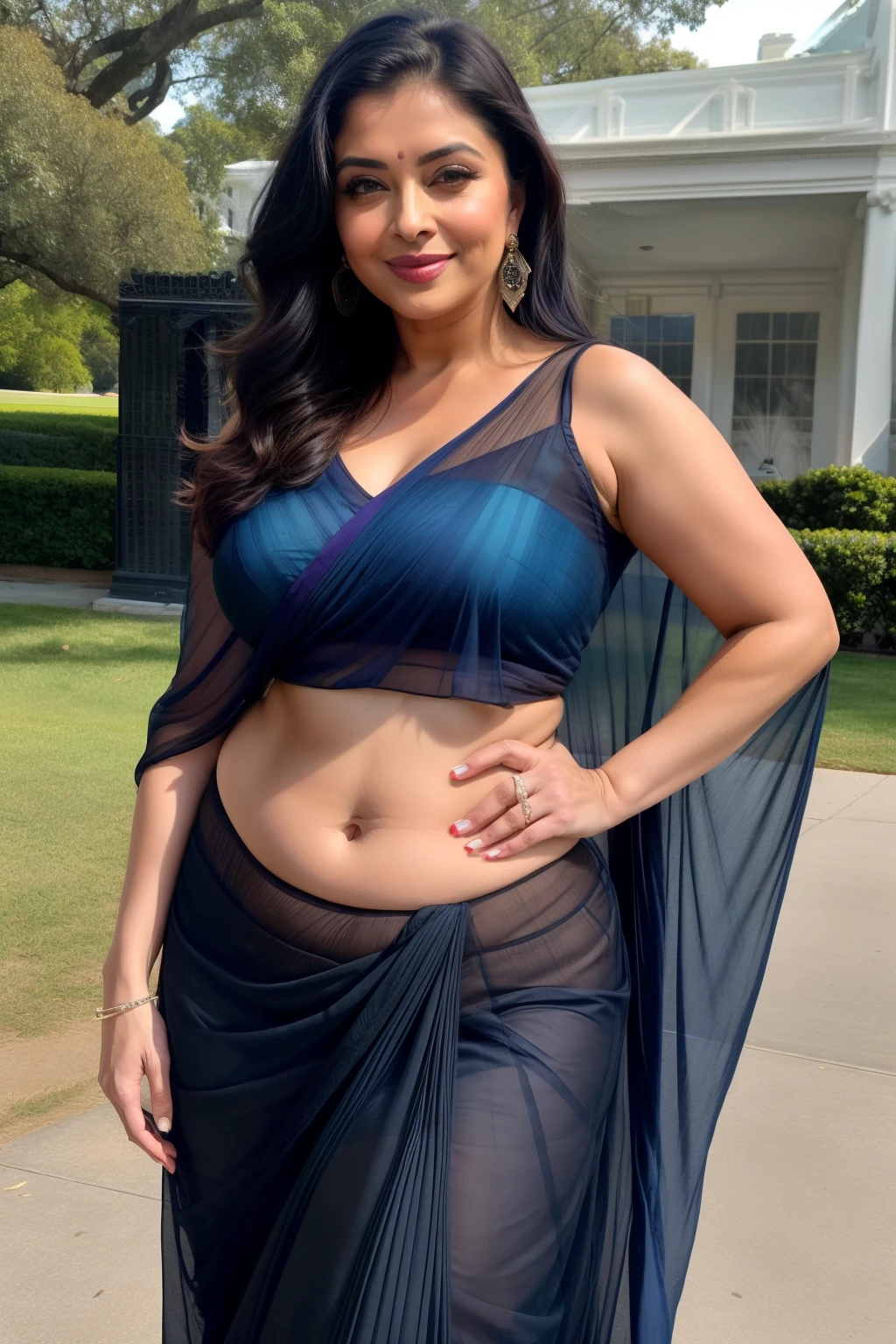 Plus size woman in saree, HOT figure, sexy navel, wearing glasses
