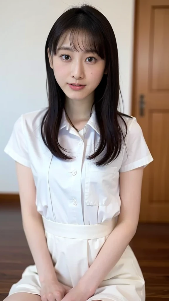 Unbelievably beautiful woman, (smoky eye makeup:0.85), (Have vaginal sex, insert it in your pussy:1.2), 15 years old, Neat face, a baby face, Happy face, white blouse and white skirt, pony tail, (Best Quality, 8K, master piece :1.3), Lovely smile, emotional, (gleaming skin, Shiny hair:1.4), Indoor, master piece, Best Quality, (Ultra-detailed),
