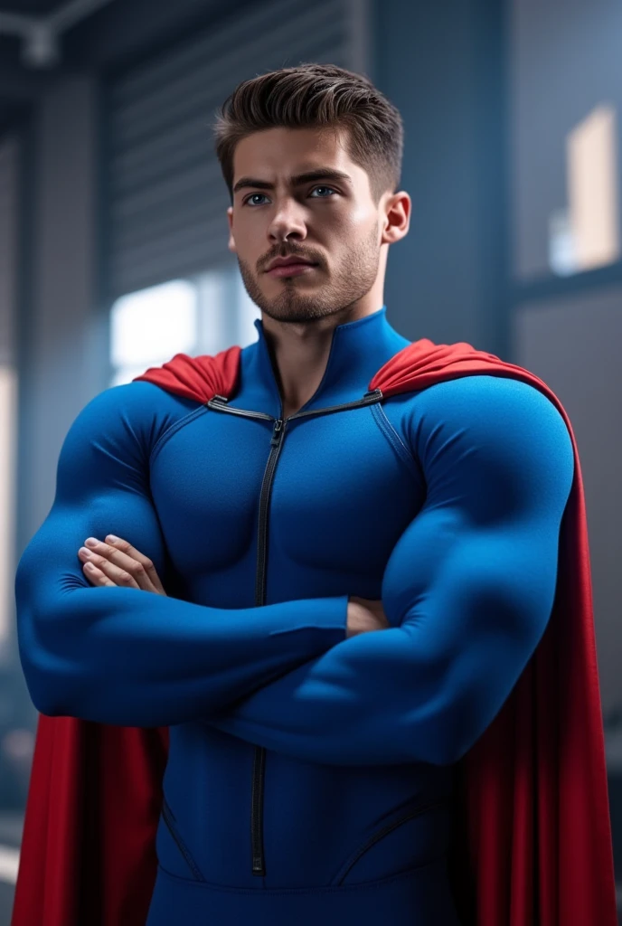 (Muscular young boy), huge strong biceps volume, flat chest small breasts, strong tonned exposed abs, muscular strong legs, bodybuilder muscles bursting in strength, exposed abs skin, blue eyes, (short light grey haircut), wavy hair, tight underwear and cape, huge cock bulge
