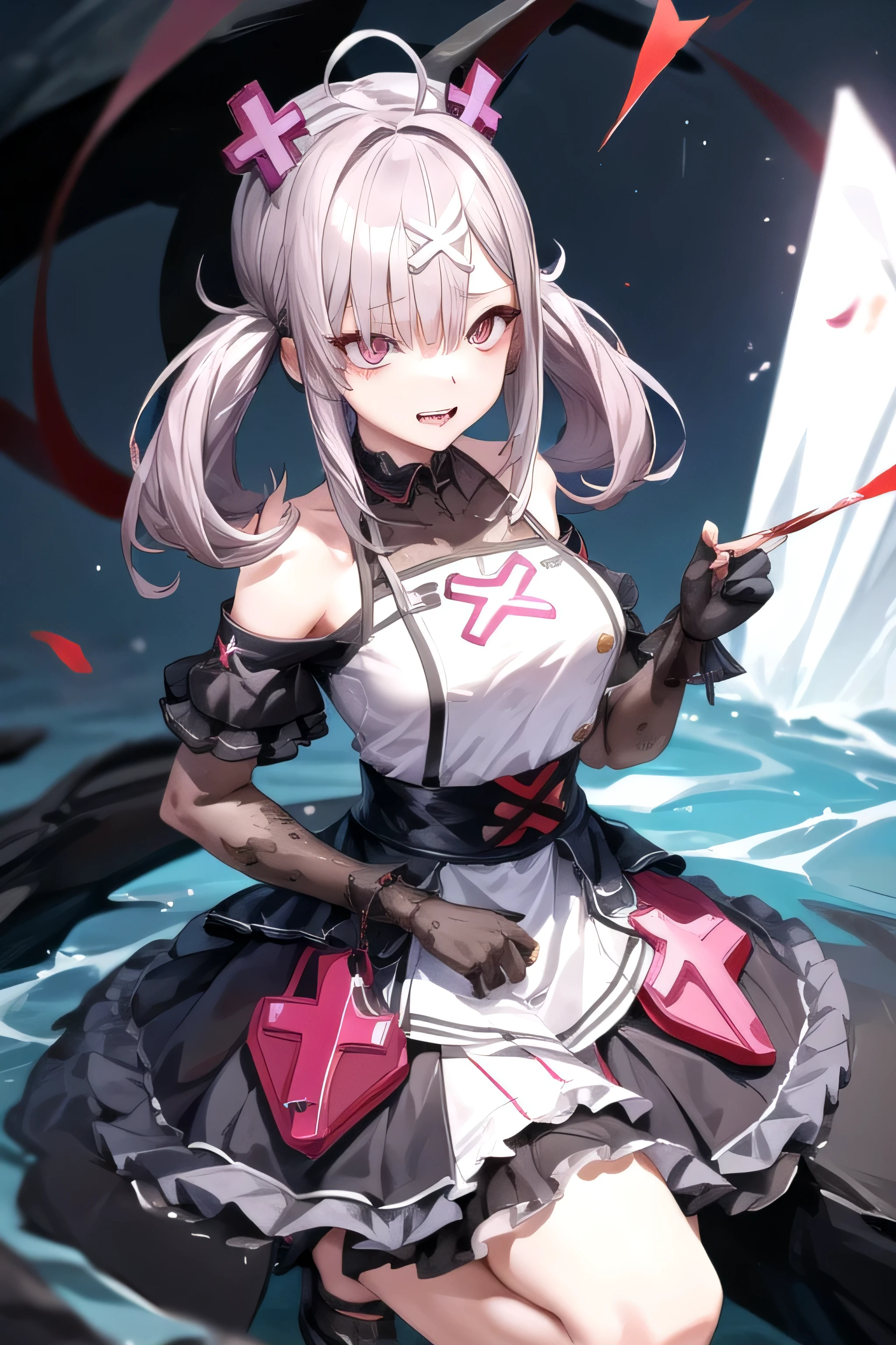 ((最 High Quality )), ((Masterpiece)), ( Details), from the side 1 Girl , 8k resolution, very detailed, High Quality , 1 Girl, alone, Beautiful Day herself is a woman,18 years old, , Detailed face, long hair, one woman, be evil that eats evil , live with punishment , live with punishment , Be beautiful , day々 fulfill desires just the way they are {x} don't get in the way of {x} joy, Return Blood, Standing alone in the wilderness of carnage, beautiful, slender, and toned thighs, Cross one's legs