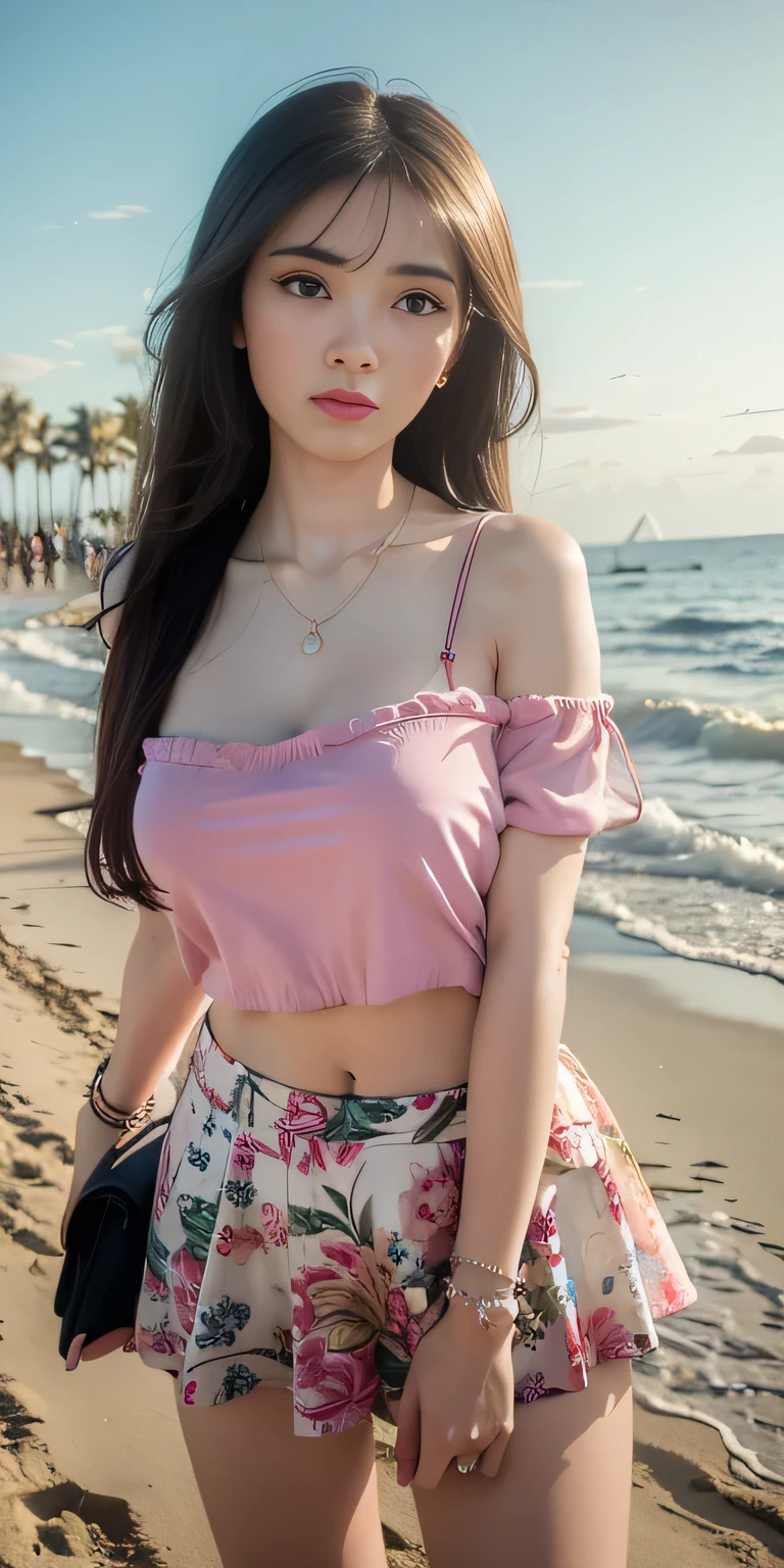 (best quality:1.1) ,(photorealistic:1.1), (photography:1.1), (highly detailed:1.1), looking at viewer,armlet, Jade bracelet, eyelashes, happy, big breast, big breasts,beautiful detailed girl, (extremely detailed eyes and face), (lighting on face),necklace,Colorful clothes, [chinese clothes],[off shoulder], (solo:1.2), sandbeach,sand,Standing by the seaside, summer, (beautiful detailed sky),seethru, knee short camera view ,