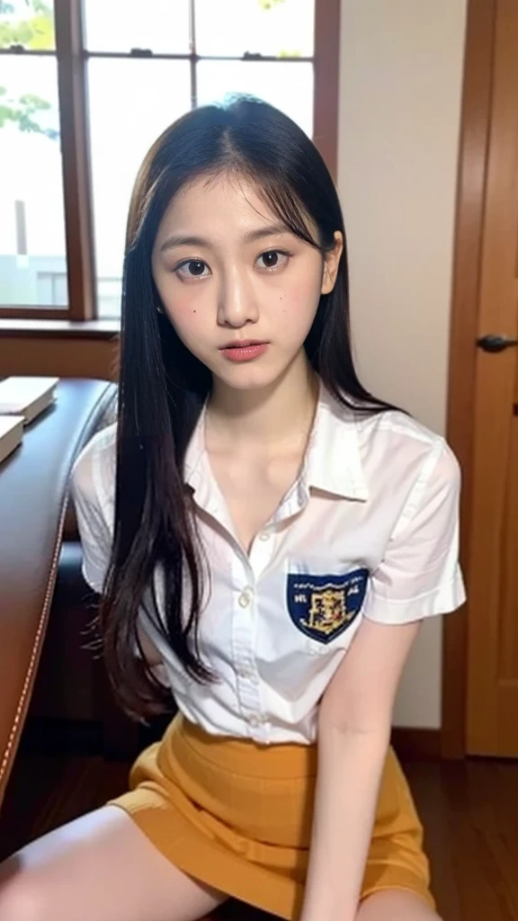 (pp clothes), (realistic), irene, wearing a white Indonesian high school shirt, with a short gray skirt, wearing an Indonesian school tie, portrait of a cute school girl model, half body portrait, begroun in a school classroom, explain the details , beautiful face, blonde hair color, glowing white face, hijab colored pupils, teenager, body standing straight, situation pose in class, looking at the audience, RAW, Best quality, high resolution, work: 1.3), Young girl, displayed realistically, beautiful, posing facing the audience's camera, showing perfect facial details, friendly expression with a thin smile, in class, ((Indonesian middle school high school clothes)), clear short photo, high resolution, 4k, HDR, DSLR, 1girl , photorealistic, realistic, big breasts, ((half body)) facing towards the viewer, close up, classroom,anime characters, to real life, turn anime pictures into realistic photos. Get high-quality, photorealistic results from a truly detailed perspective. Perfect portrait, realistic, high quality, super detailed display, HDR, 8k
