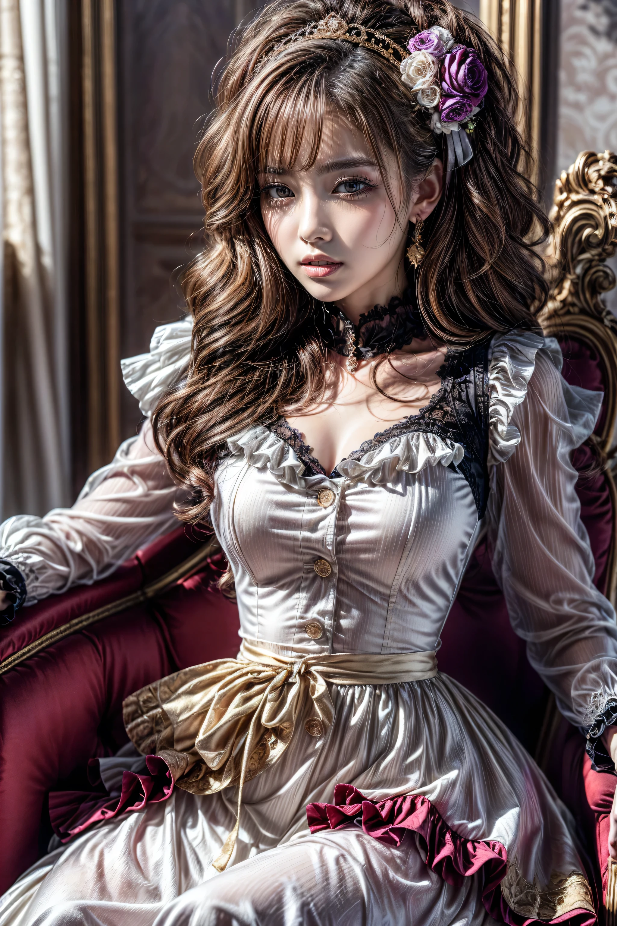 Realistic,(photorealistic Realism),((high resolution)),((intricately detailed digital fantasy art)),(best quality),(realistic texture details: perfect skin, smooth skin, (without folds and dents:1.28)),(professional photography),((full body shot:1.3)),,Marie Antoinette, Sit in an upscale chair, puts his hand on his knee,Please open your mouth slightly,(white,pale,smooth,silky,shiny),long hair, wavy hair,(best highest detailed realistic black_eyes:1.25), ((super realistic sharp-eyes)), (tired and sleepy and satisfied:0.0), perfect round eyes, finely detailed pupils,[dress in Baroque style],(palete colors include pink:1.5, and white: 1.22,(Rococo dress with ruffles and long sleeves:1.22), intricately detailed:1.3), ((Now her blonde hair reaches down to her waist. Color gradation of pink and three, pale pink)). Matching earrings, choker with white flowers. ((She wears a pink top with white stripes with ruffles trimmed with gold buttons, white rosebud sleeves:1.15))... (with a purple ribbon flowing from her chest:1.2)..., tied at the back of the neck, matching the chest area, Decorated with flowers. her ruffled skirt is separated by a white line, her dress with a large purple ribbon. Decorated with gold. There is a small ribbon on the back. She was wearing a Gold Tiara with floral embellishments .,small round head,((anatomically correct)),slim-muscled body,firm and full breasts:1.3,slim belly,narrow waist,small ass,long legs,(detailed lips:1.3,pink_makeup:1.22, Long_blue_eyeliner :1.28, red_lipstick:1.35,(perfect dark_eyeshadows:1.45), (super detailed professional makeup on eyes:1.3),(rainbow light :1.4),(Inside Victoria Palace)、