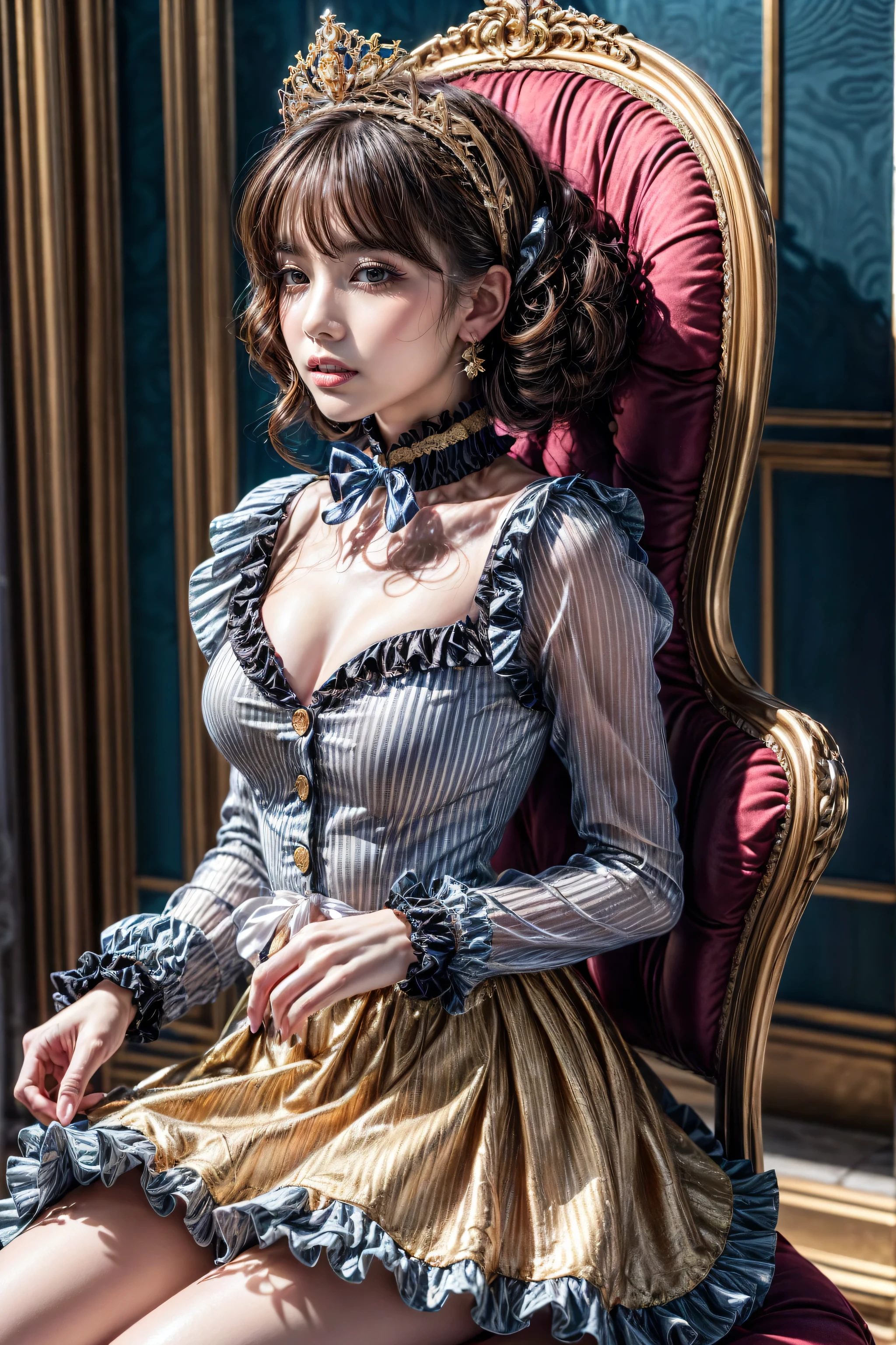Realistic,(photorealistic Realism),((high resolution)),((intricately detailed digital fantasy art)),(best quality),(realistic texture details: perfect skin, smooth skin, (without folds and dents:1.28)),(professional photography),((full body shot:1.3)),,Marie Antoinette, Sit in an upscale chair, puts his hand on his knee,Please open your mouth slightly,(white,pale,smooth,silky,shiny),long hair, wavy hair,(best highest detailed realistic black_eyes:1.25), ((super realistic sharp-eyes)), (tired and sleepy and satisfied:0.0), perfect round eyes, finely detailed pupils,[dress in Baroque style],(palete colors include blue:1.5, and white: 1.22,(Rococo dress with ruffles and long sleeves:1.22), intricately detailed:1.35), ((Now her blonde hair reaches down to her waist. Color gradation of pink and three, pale pink)). Matching earrings, choker with white flowers. ((She wears a pink top with white stripes with ruffles trimmed with gold buttons, white rosebud sleeves:1.25))... (with a purple ribbon flowing from her chest:1.2)..., tied at the back of the neck, matching the chest area, Decorated with flowers. her ruffled skirt is separated by a white line, her dress with a ((large purple ribbon)). Decorated with gold. There is a small ribbon on the back. She was wearing a ((Gold Tiara)) with floral embellishments .,small round head,((anatomically correct)),slim-muscled body,firm and full breasts:1.3,slim belly,narrow waist,small ass,long legs,(detailed lips:1.3,pink_makeup:1.22, Long_blue_eyeliner :1.28, red_lipstick:1.35,(perfect dark_eyeshadows:1.45), (super detailed professional makeup on eyes:1.3),(rainbow light :1.4),(Inside Victoria Palace)、