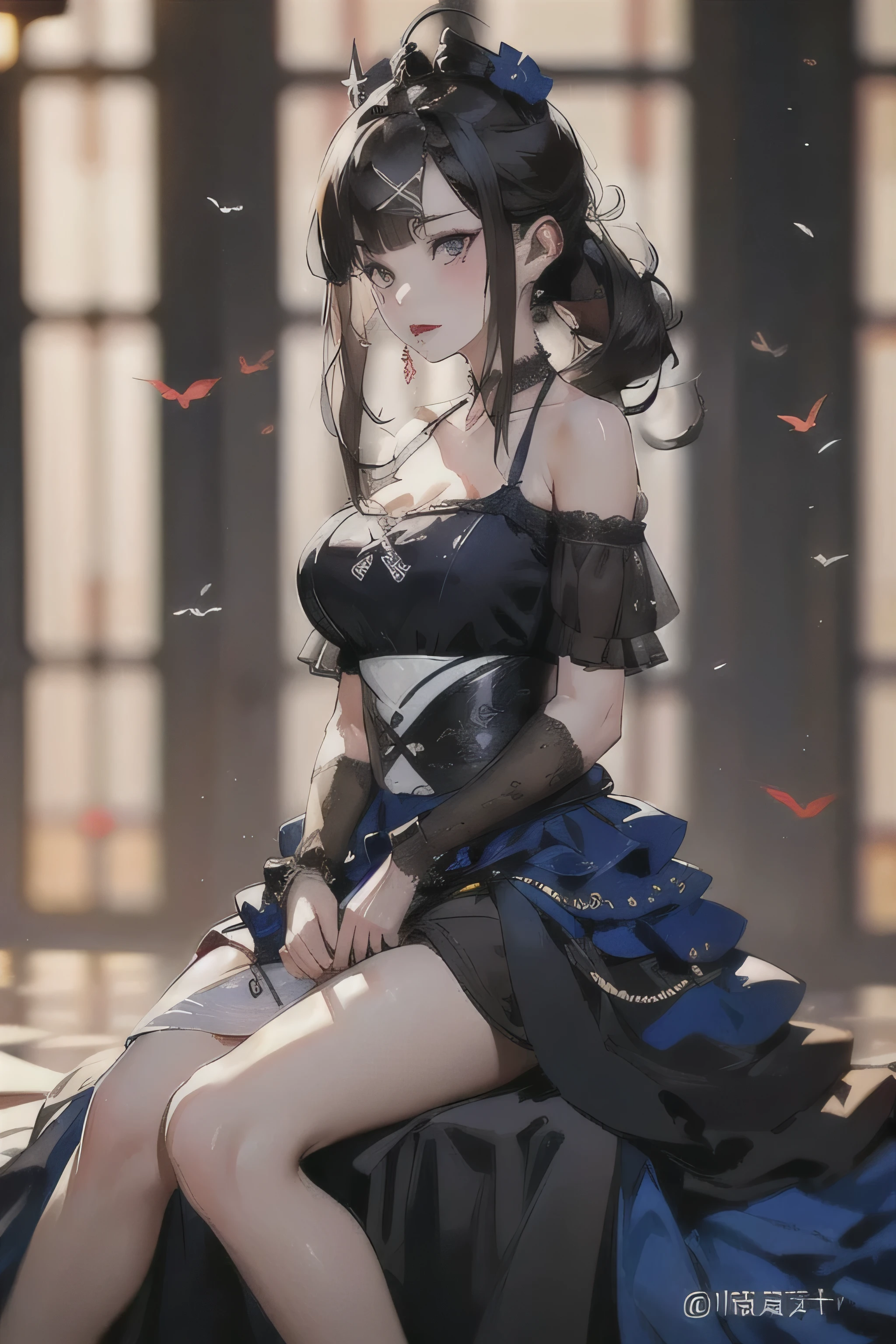 Anime girl sitting on a bench with a sword in her hand - SeaArt AI