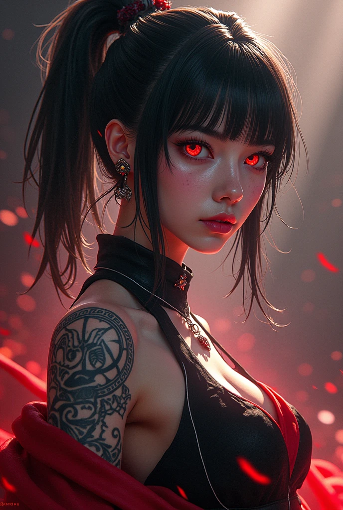 Pink Eyes、Monkey Background、Combat Arms、Ghost of a monkeyのオーラが背景、Pink Eyesにお団子ツインヘアー、A beautiful girl in a white one-piece dress and combat gear is surrounded by a red monkey aura in the background.、Full image of the girl、Smaller breasts、Ghost of a monkey、Ghost of a monkey