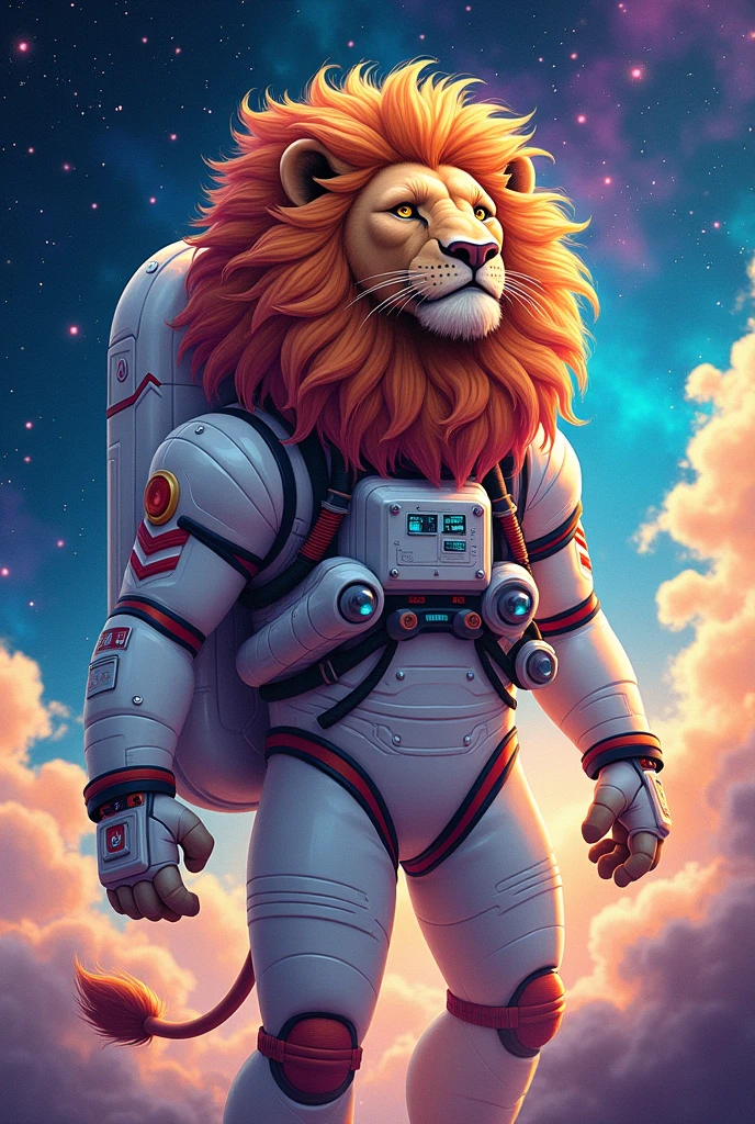 ((best quality)), ((masterpiece)), (detailed), lion the main thundercats, astronaut suit,space ship,The Milky Way is in the sky,universe background,There are planets in the distance,On the surface of a planet full of magma