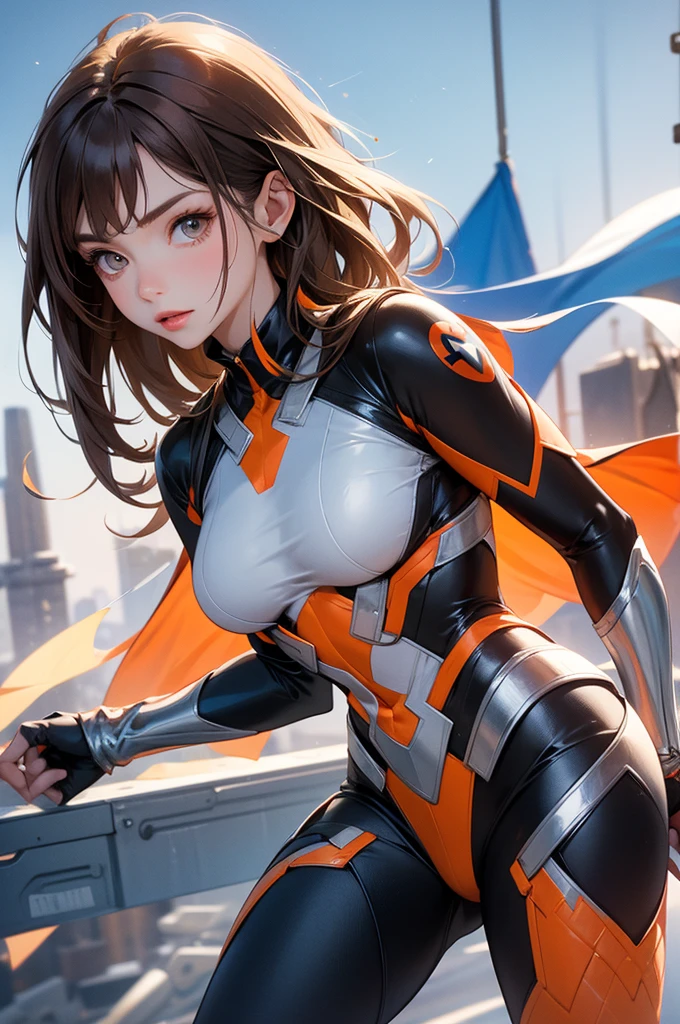 8k, melhor qualidade, obra de arte, Ultra alta resolução, (realismo: 1.4), Foto original, (textura de pele realista: 1.3), (grão de filme: 1.3), obra de arte, melhor qualidade, 1girls, bodysuit, brown eyes, brown hair, cameltoe, facial markings, female, female only, headgear, long sleeves, looking to the side, mecha, outdoors, outside, ponytail, solo, spread legs