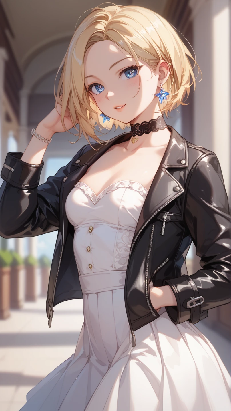 (masterpiece:1.2, highest quality), 1 female, alone, Upper body, big breasts, A chic and edgy leather jacket、Look confident and effortless with minimal makeup and a messy bun paired with a classic white T-shirt and distressed jeans (Music festivals and trendy downtown district) Sunglasses with a presence and heavy jewelry, Comes with a convenient crossbody bag