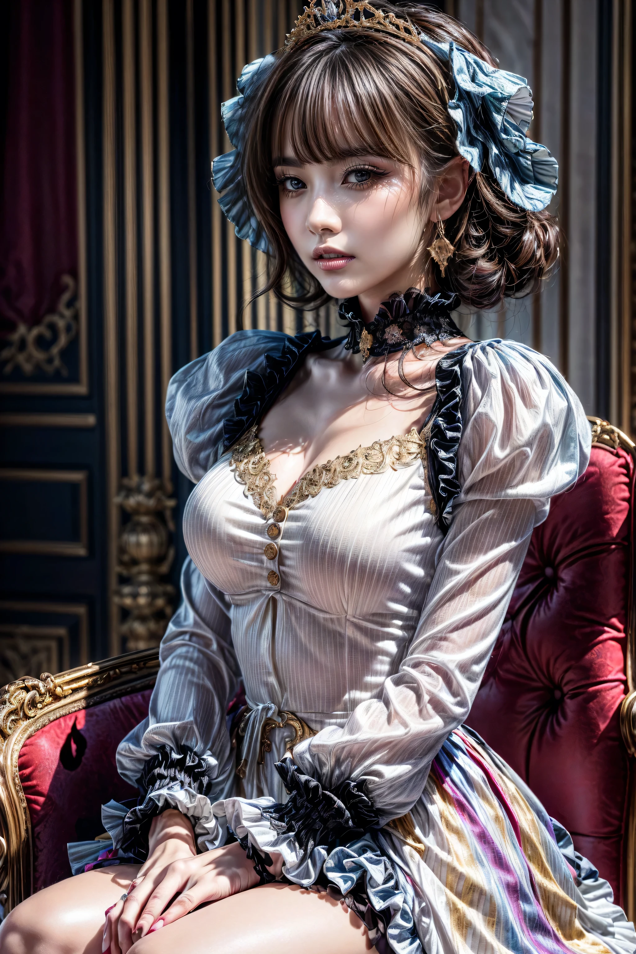 Realistic,(photorealistic Realism),((high resolution)),((intricately detailed digital fantasy art)),(best quality),(realistic texture details: perfect skin, smooth skin, (without folds and dents:1.28)),(professional photography),((full body shot:1.3)),,Marie Antoinette, Sit in an upscale chair, puts his hand on his knee,Please open your mouth slightly,(white,pale,smooth,silky,shiny),long hair, wavy hair,(best highest detailed realistic black_eyes:1.25), ((super realistic sharp-eyes)), (tired and sleepy and satisfied:0.0), perfect round eyes, finely detailed pupils,[dress in Baroque style],(palete colors include blue:1.5, and white: 1.22,(Rococo dress with ruffles and long sleeves:1.22), intricately detailed:1.35), ((Now her blonde hair reaches down to her waist. Color gradation of pink and three, pale pink)). Matching earrings, choker with white flowers. ((She wears a pink top with white stripes with ruffles trimmed with gold buttons, white rosebud sleeves:1.25))... (with a purple ribbon flowing from her chest:1.2)..., tied at the back of the neck, matching the chest area, Decorated with flowers. her ruffled skirt is separated by a white line, her dress with a ((large purple ribbon)). Decorated with gold. There is a small ribbon on the back. She was wearing a ((Gold Tiara)) with floral embellishments .,small round head,((anatomically correct)),slim-muscled body,firm and full breasts:1.3,slim belly,narrow waist,small ass,long legs,(detailed lips:1.3,pink_makeup:1.22, Long_blue_eyeliner :1.28, red_lipstick:1.35,(perfect dark_eyeshadows:1.45), (super detailed professional makeup on eyes:1.3),(rainbow light :1.4),(Inside Victoria Palace)、