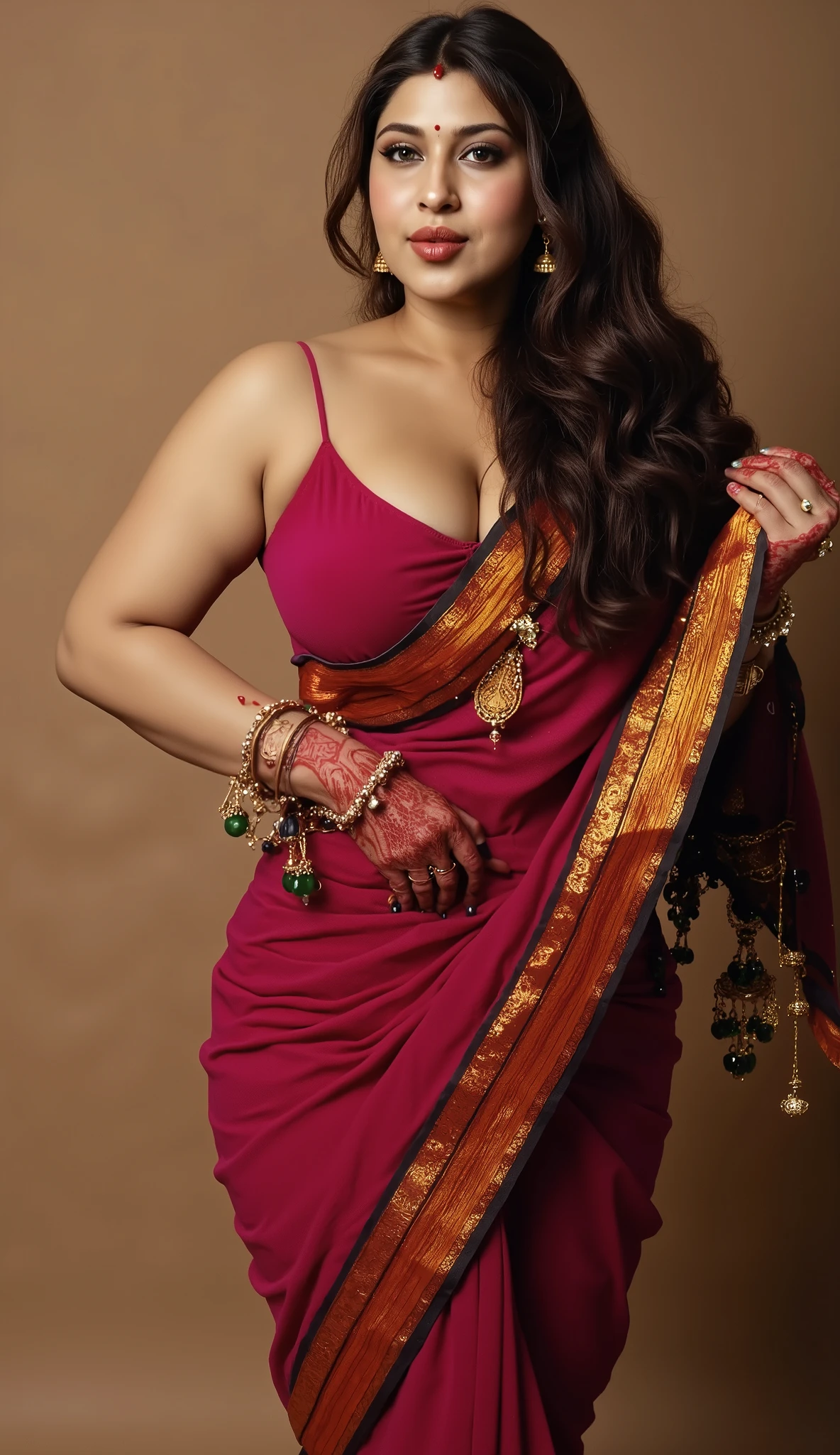 Tall curvaceous thick lady, plum lips, breast size g cup, black lustrous hair, curvy thighs,. The lady has a evil smile expression, wearing a elegant saree and a deep neck blouse and that beautifully reveals her cleavage and navel visible, nipples slightly visible, thick, curvy inner thighs completely visible, legs spread open, saree slightly lifted above thighs, lady wearing a thin an long necklace is made of gold and has a long chain with black and gold beads. The beads are arranged in a repeating pattern, with the largest bead at the bottom and the smallest at the top. In the center of the necklace, there is a pendant with a design in the shape of a queen of spade symbol , The pendant is attached to the chain with a gold clasp. The overall style of the jewelry is traditional and elegant, the lady is adorned with a striking thin golden chain around her hips. She has a small red bindi on her between her eyebrows and green colored glass bangles on her wrist UHD, retina, masterpiece, accurate, anatomically correct, textured skin, super detail, high details, high quality, award winning, best quality, highre