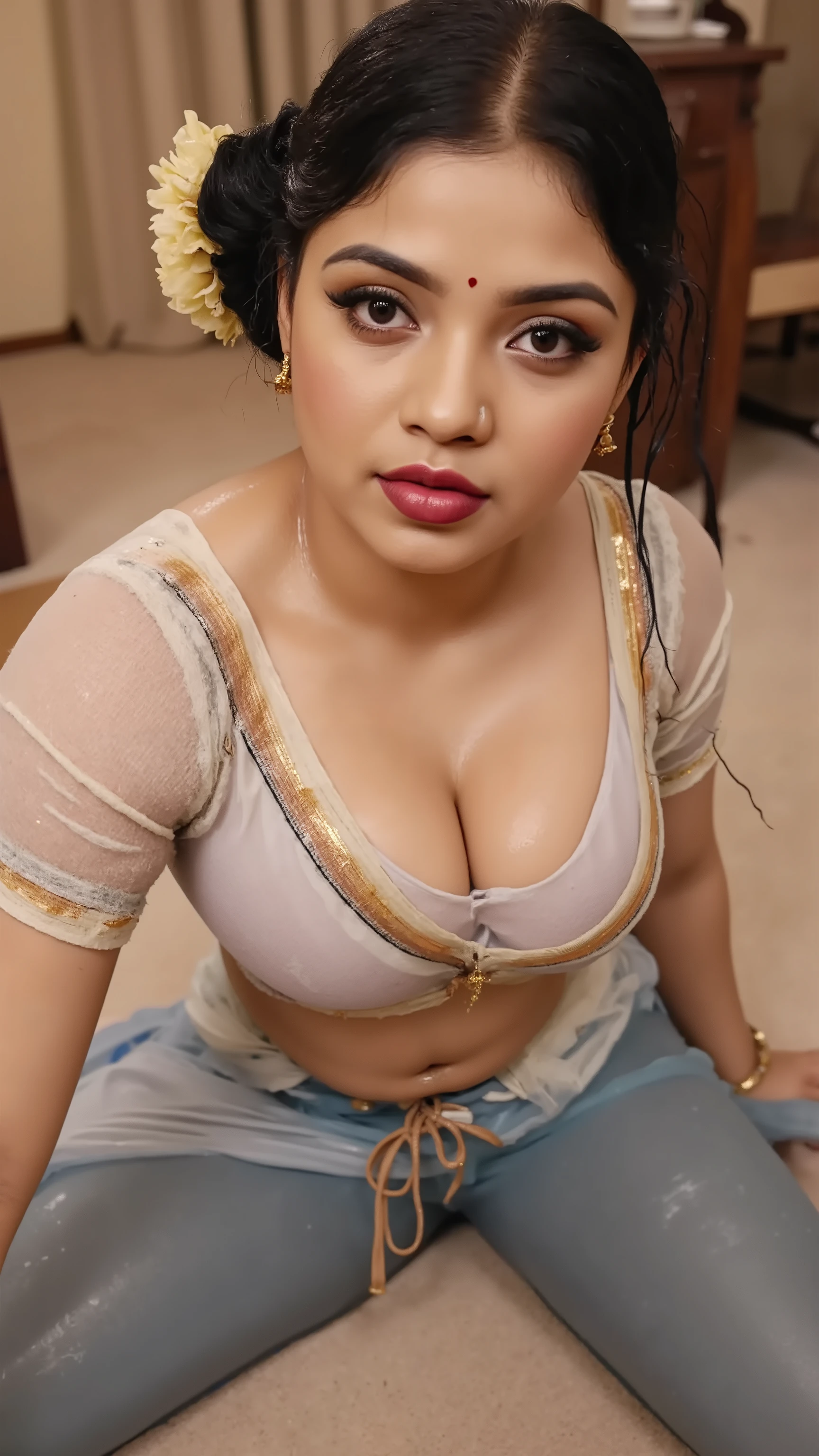 Pov camera view, Indian milf on her knees, looking at camera, with lust in her eyes, black hair tied around, flowers in head,sandal mark on forehead, sindhur on forehead (vermilion mark on forehead in the middle of hair partition,transparent blue Saree, dark red lipstick, black eyeliners, eyelashes,eyebrows,eyeshades,golden noserings,hanging ear rings,long golden chain on neck, ((huge breasts size: 2.0)), Half breasts out of the blouse, sexy cleavage, white with golden emproydered colour blouse, thick arms, inside bedroom, 8k , intricate details