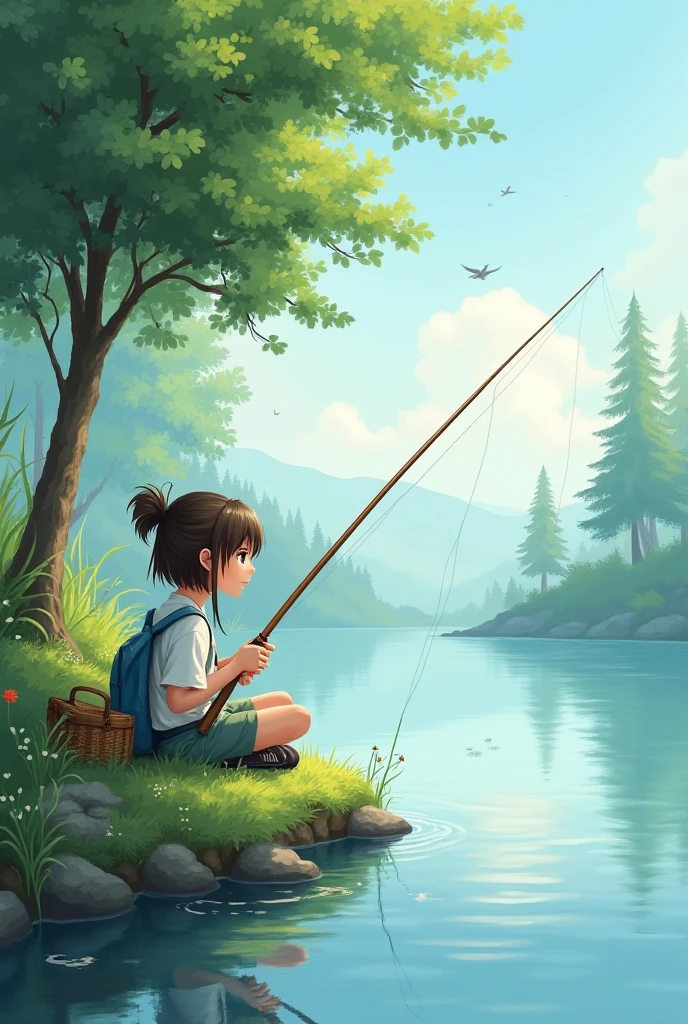 A girl is fishing along the banks of a spring creek