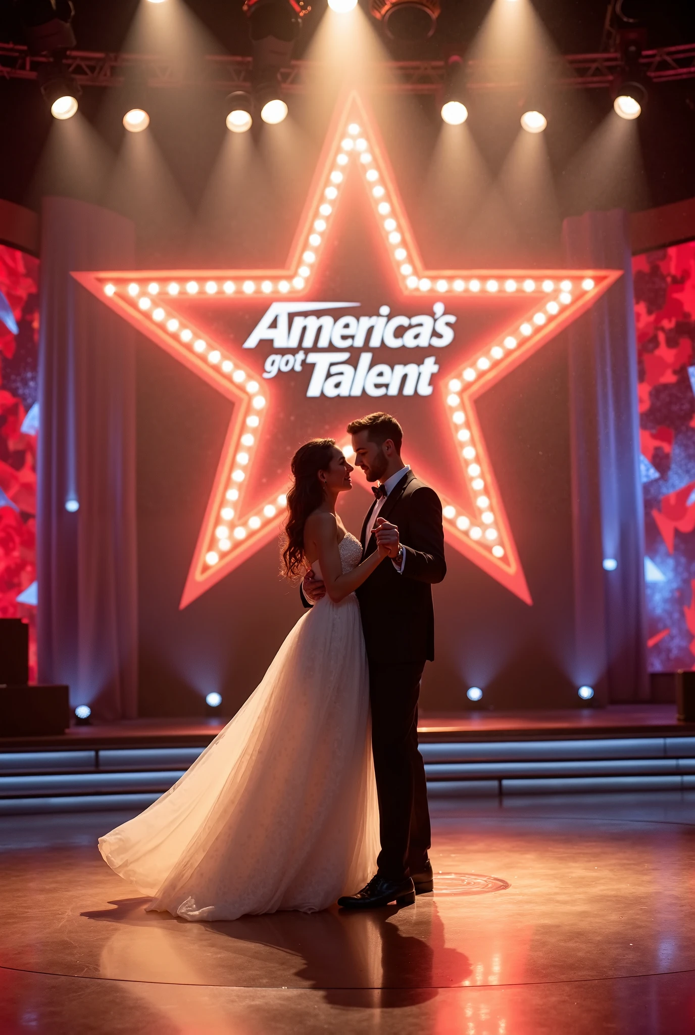 Reality TV stage,beautifully lit,A man and a woman stood on it,Smile and wave