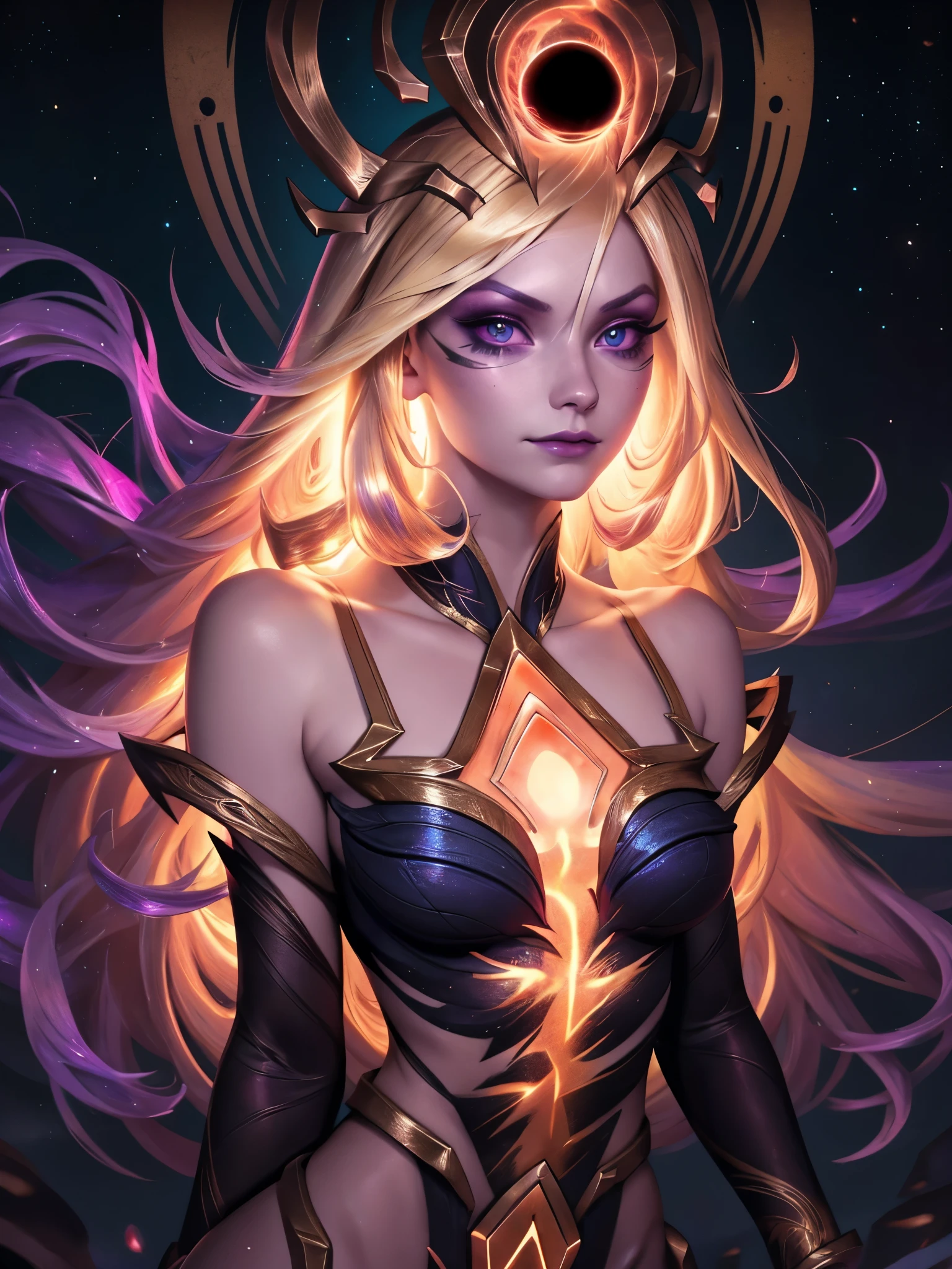 Cosmic_Lux, Dark_Cosmic_Lux, Cosmic_Lux, (best quality), 1girl, female, porcelain skin, blonde hair, straight hair, medium hair, swoopy tips, brown eyes, perfect eyes, skinny body, petite, small bust, dark circles under eyes, masterpiece, anatomically correct, highres
