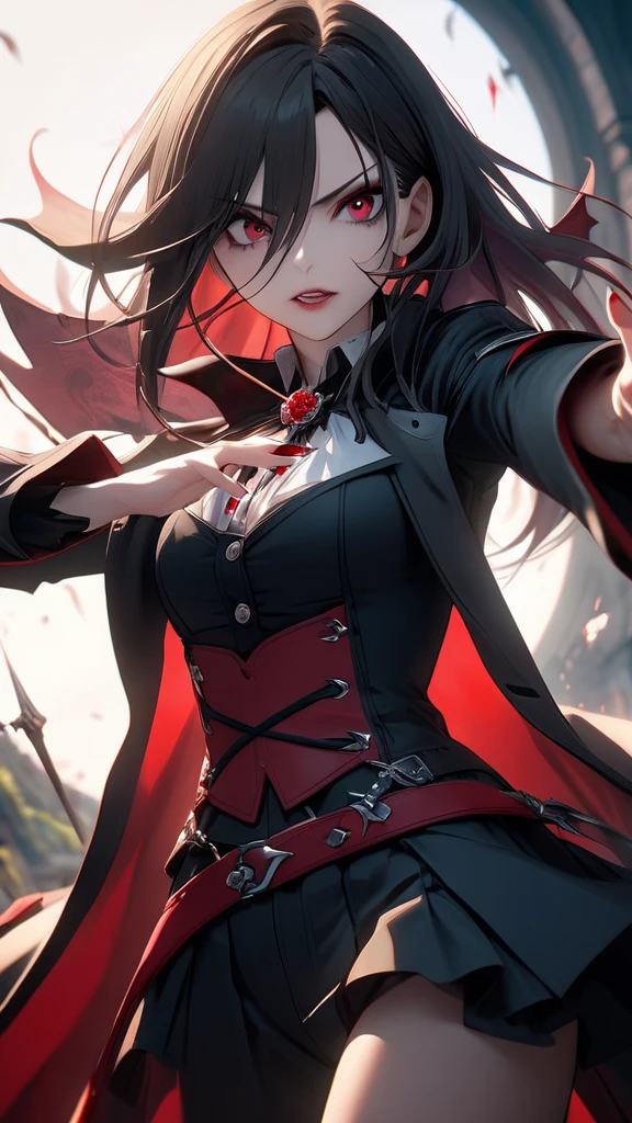 Long black hair, red eyes, aurora, laced choker, medium breasts, red ruby pendant, glowing purple irises, red magic, hand to own mouth, messy hair, mature female, face tattoos, beautiful black eyeliner, CLOSE-UP, black witch hat, witch garments, beautiful superiority, glowing cuffs, iconic witch location, Night, standing in an open field, spruce trees, vacation spot, Pale skin, starry stars, colorful, unusual pupils, glowing eyes, magic eyes, {{elegantly proportioned hands:1.2}}, {{artistically crafted fingers of appropriate length:1.3}}, {{subtle yet captivating hand details:1.3}}