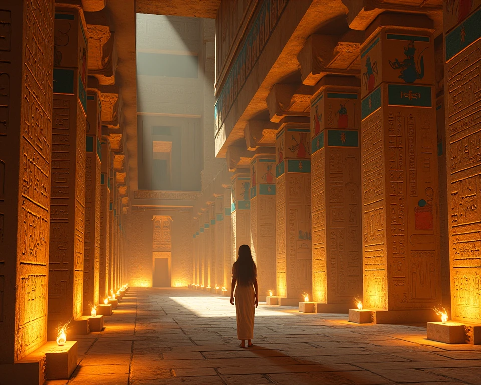arafed woman in a white dress walking through a temple, android girl in egyptian ruins, ancient egypt, inside her temple, egyptian atmosphere, egyptian style, egyptian, ancient egyptian, egyptian art, by Marek Okon, ancient egypt art, ancient egypt painting, by John La Gatta, black emma watson as egyptian, by Harrington Mann, egyptian setting