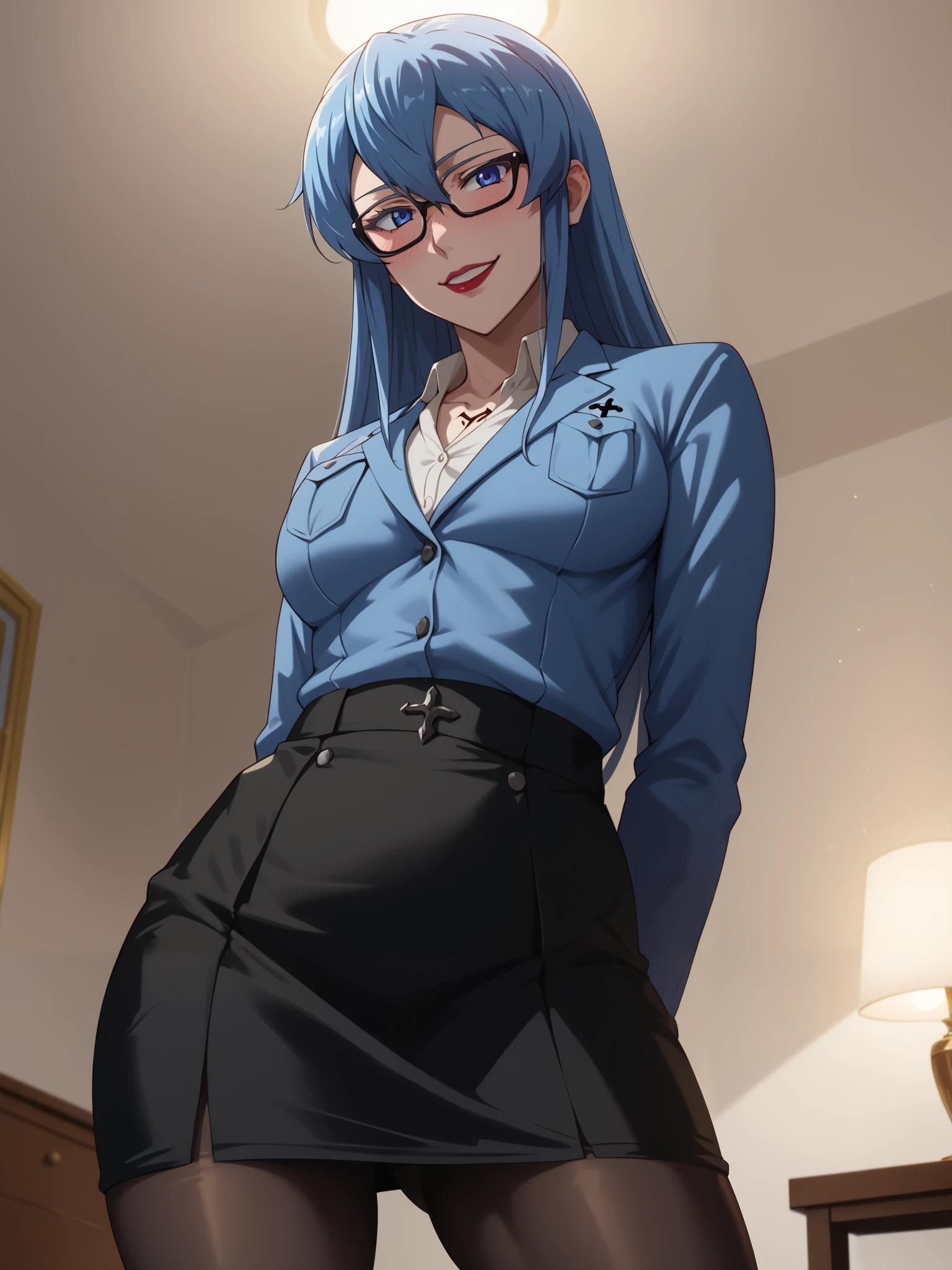 Girls, smile, red lips, fair skin, glasses, black glasses colors, big boobs, long hair, blue hair colors, big breats, big ass big butt, sexy body, thic body, secretary's clothes, blue secretary's clothes colors, mini skirt, black mini skirt colors, pantyhose, black pantyhose colors, beauty girls, sexy pose, in bedroom background, gaze looking at the camera, Score_9, Score_8_up, Score_7_up, Score_6_up, Score_5_up, Score_4_up, Source_anime, Tag1, Tag2, Best quality, High quality, Detailed, High resolution, 8k, Ultra high res, Soft saturation, Professional quality, Perfect contrast, Perfect litthing, Anatomically correct,, Sensual woman, Esdeath from the anime Akame Ga Kill , 1 girl, innocant mood, pure, angelic mood, she is in love with the viewer, perfect body shape, thin waist, round perfectly shaped ass, blue haired, Embarrassed, shy, seductive BREAK high-angle view,