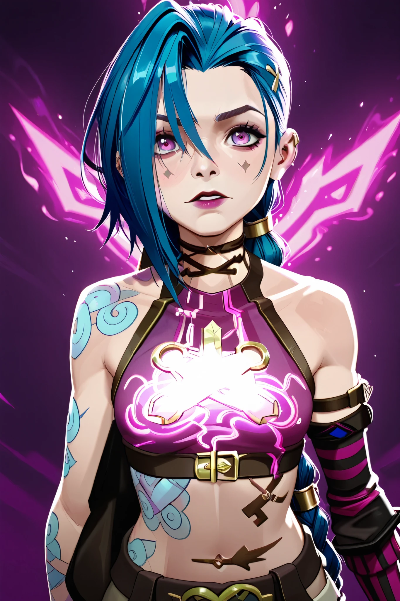 Generate a creative and playful description of a character inspired by the concept of "Nude Jinx" from Arcane, a sexy and alluring portrayal while focusing on her personality traits, style, and how she interacts with the world around her. Emphasize her mischievous nature, vibrant energy, and unique fashion sense in a light-hearted and artistic way. Ensure that the description remains respectful and highlights her role in the story without explicit content.