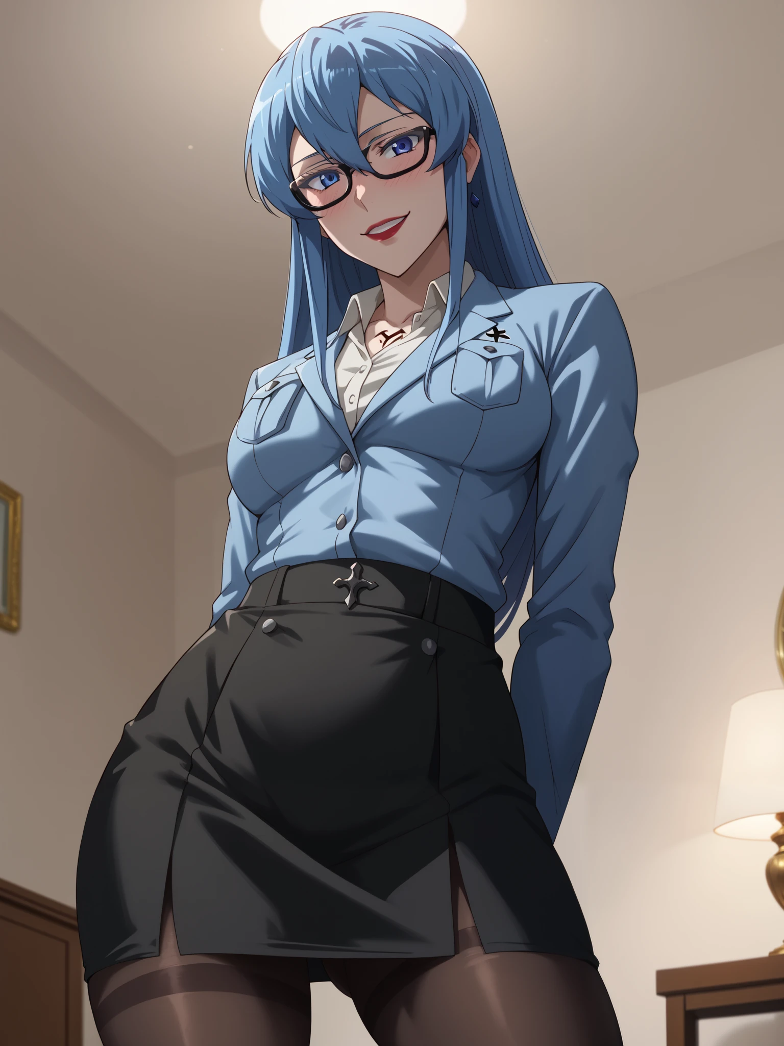 Girls, smile, red lips, fair skin, glasses, black glasses colors, big boobs, long hair, blue hair colors, big breats, big ass big butt, sexy body, thic body, secretary's clothes, blue secretary's clothes colors, mini skirt, black mini skirt colors, pantyhose, black pantyhose colors, beauty girls, sexy pose, in bedroom background, gaze looking at the camera, Score_9, Score_8_up, Score_7_up, Score_6_up, Score_5_up, Score_4_up, Source_anime, Tag1, Tag2, Best quality, High quality, Detailed, High resolution, 8k, Ultra high res, Soft saturation, Professional quality, Perfect contrast, Perfect litthing, Anatomically correct,, Sensual woman, Esdeath from the anime Akame Ga Kill , 1 girl, innocant mood, pure, angelic mood, she is in love with the viewer, perfect body shape, thin waist, round perfectly shaped ass, blue haired, Embarrassed, shy, seductive BREAK high-angle view,