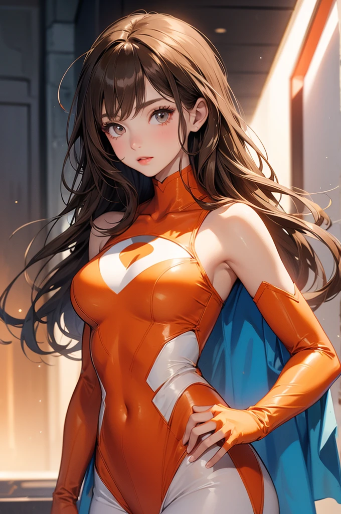 highest quality、Realistic、female、Japanese、zoom、cute、Red eyes、Chestnut Hair、long hair、Blue Hero Suit、Shiny bodysuit、universe