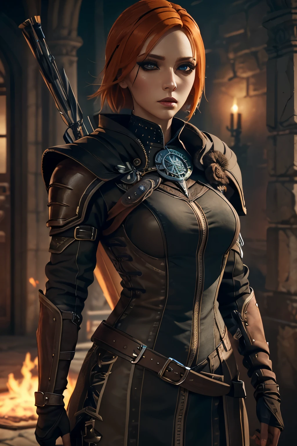(Best quality, masterpiece), 1Woman, Beautiful Woman, DALeliana, medium hair, orange hair, blue eyes, Black Makeup, Smoky Eye shadow, Dark Eyeliner, Long Eyelashes, Leather Assassin Armor