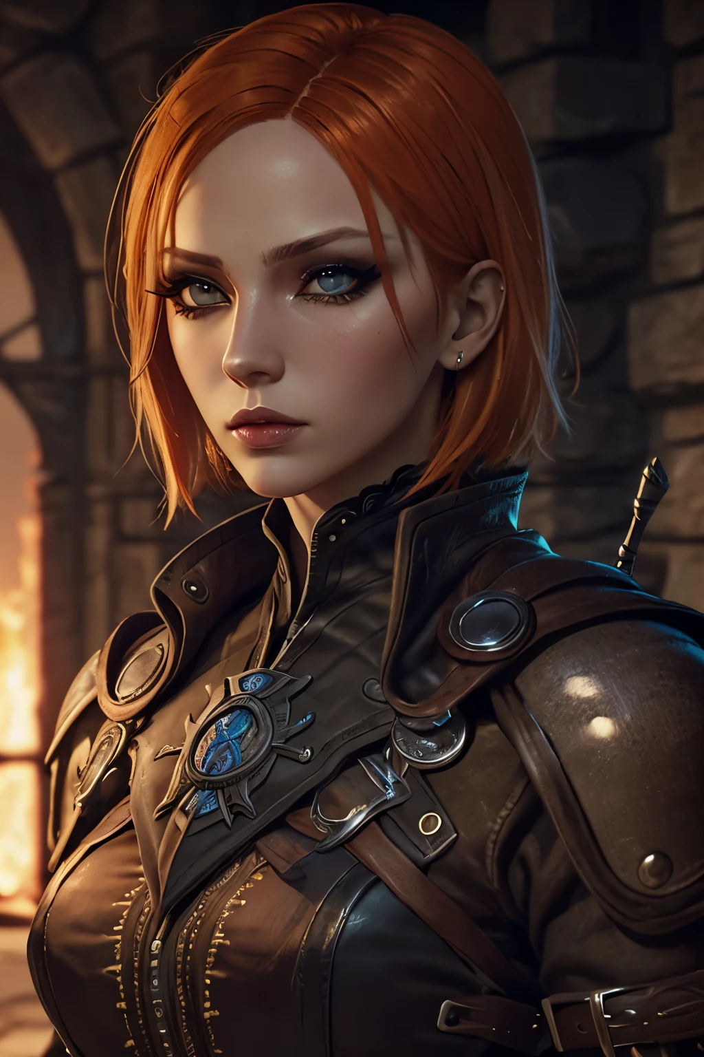 (Best quality, masterpiece), 1Woman, Beautiful Woman, DALeliana, medium hair, orange hair, blue eyes, Black Makeup, Smoky Eye shadow, Dark Eyeliner, Long Eyelashes, Leather Assassin Armor