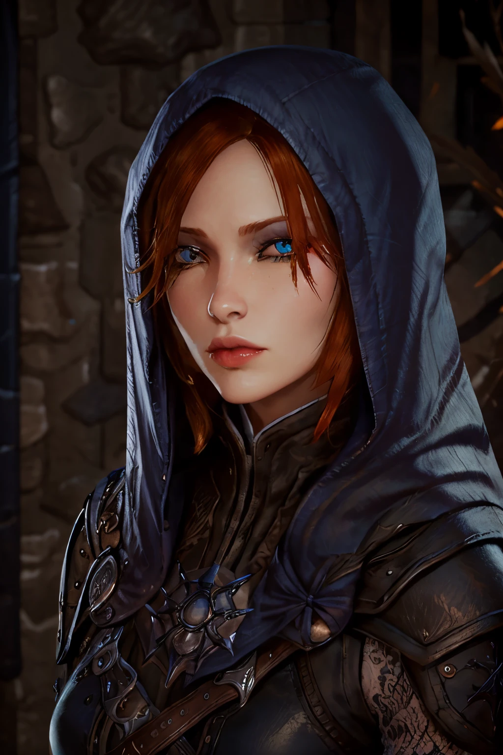(Best quality, masterpiece), 1Woman, Beautiful Woman, DALeliana, medium hair, orange hair, (blue eyes), Black Makeup, Smoky Eye shadow, Dark Eyeliner, Long Eyelashes, Leather Assassin Armor, hood