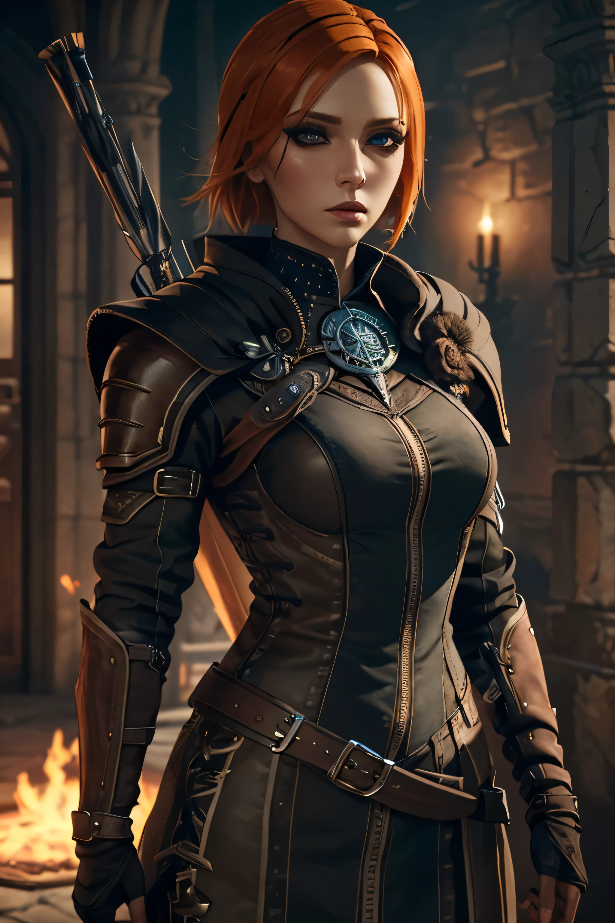 (Best quality, masterpiece), 1Woman, Beautiful Woman, DALeliana, medium hair, orange hair, blue eyes, Black Makeup, Smoky Eye shadow, Dark Eyeliner, Long Eyelashes, Leather Assassin Armor