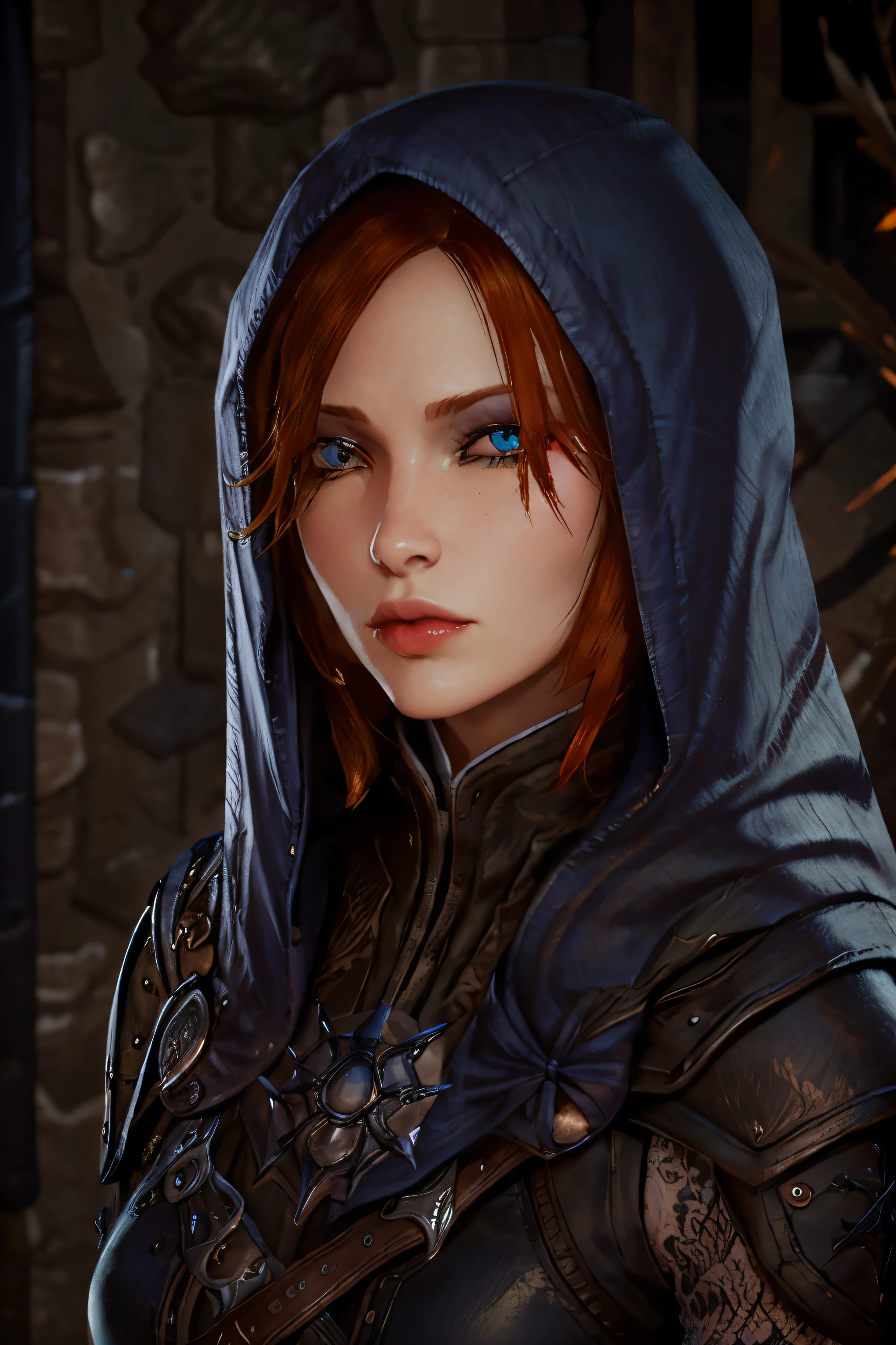 (Best quality, masterpiece), 1Woman, Beautiful Woman, DALeliana, medium hair, orange hair, (blue eyes), Black Makeup, Smoky Eye shadow, Dark Eyeliner, Long Eyelashes, Leather Assassin Armor, hood