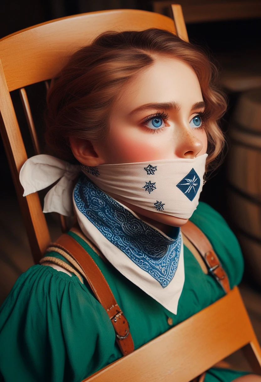 girl named luna in a fantasy anime , blue eyes, brown hair tied in princess style, captured,green tunic, chair bound in a log wooden cabin, gagged with a big bandana gag long eyelashes, gagged, damsel in distress, DID anime, COMIC, , chair tied, captured by a bandit