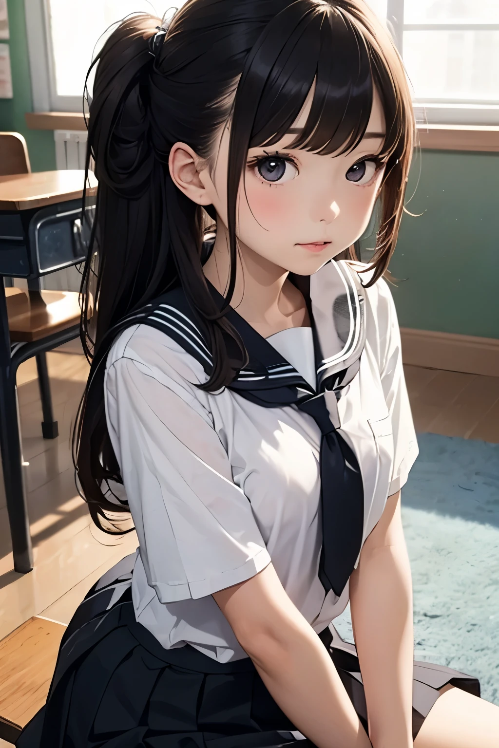 there is a young girl in a sailor suit sitting on a chair, seifuku, shikamimi, chiho, with index finger, sakimichan, iwakura lain, close up iwakura lain, shiori teshirogi, kotegawa yui, sailor uniform, narumi kakinouchi, jk uniform