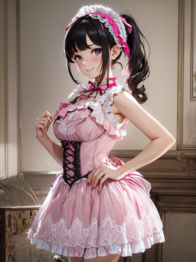 sakuma mayu,photorealistic,realistic,asian beauty,tall female,solo,pink dress,strapless,idolmaster cinderella girls,tareme,furrowed brows,nsfw,cowboy shot,backlighting,short dress,heart corsage,frilled dress,hairband,heart ornaments,detached sleeves,short sleeves,bare shoulders,lace-trimmed choker,gloves,ribbon earrings,jewelry,blue eyes,cross-laced dress,bubble skirt,back bow,brown hair,indoors,shadow,sweat,head tilt, frilled dress,blush,embarrassed,smile,open mouth, blunt bangs,half closed eyes,