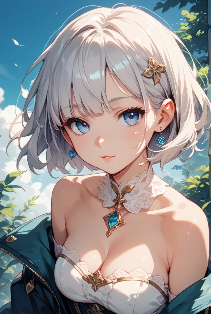 beautiful woman,folk girl,long, White hair and blue eyes,ฉันมีเปียlongทางด้านขวา.,She wore a blue strapless Thai dress with no straps..,กระโปรงไทยโบราณlong,countryside,countryside,beautiful scenery,European Middle Ages,smile with teeth,forehead,forehead exposed,big ,rift, ,(2 young women ,beautiful woman)