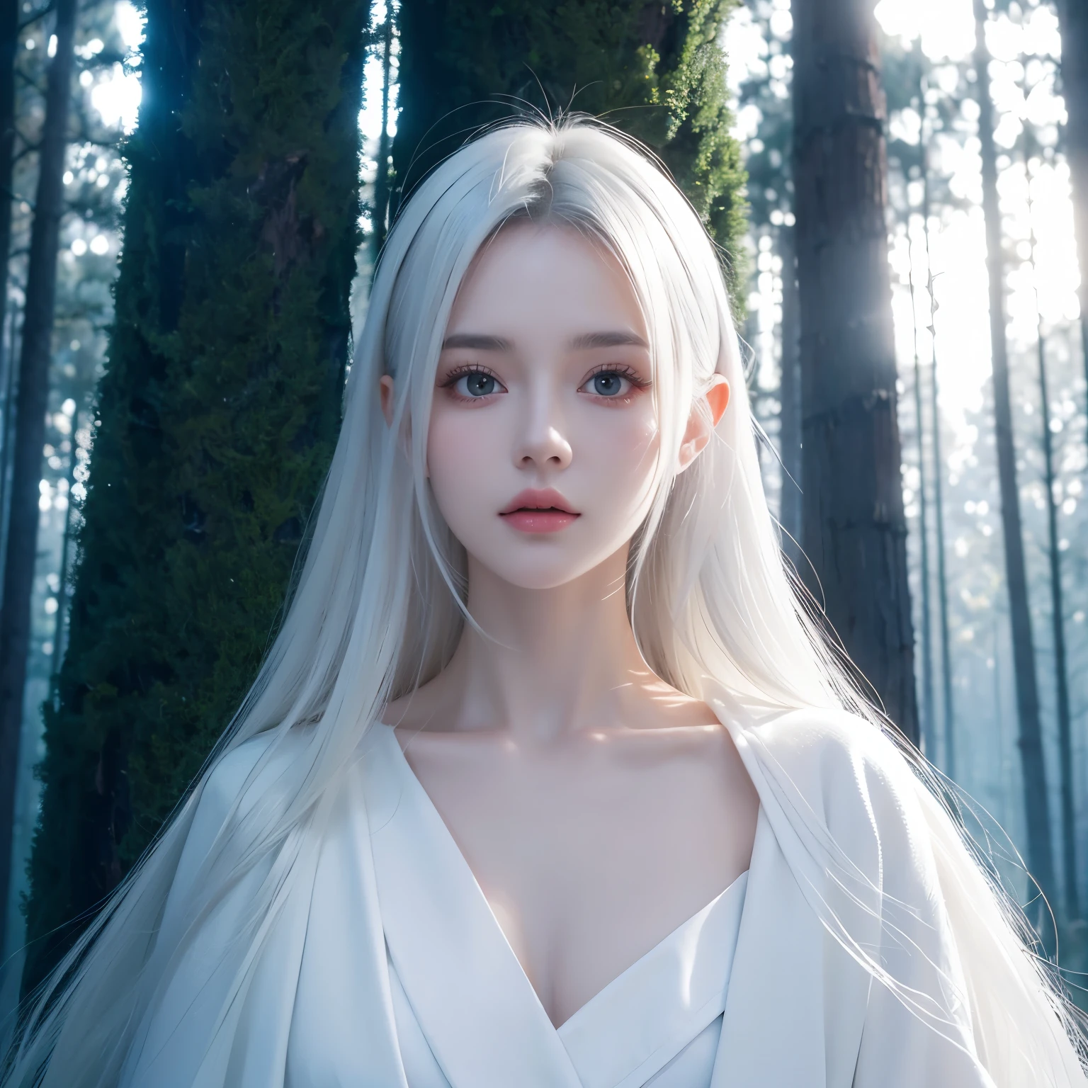 Beautiful girl in a white robe standing in a dark forest, Epic Style, Octane Rendering, The desert makes up ,  beautiful face ,  surrealism ,，whole body，The face of Europe ， white skin ，night， white hair