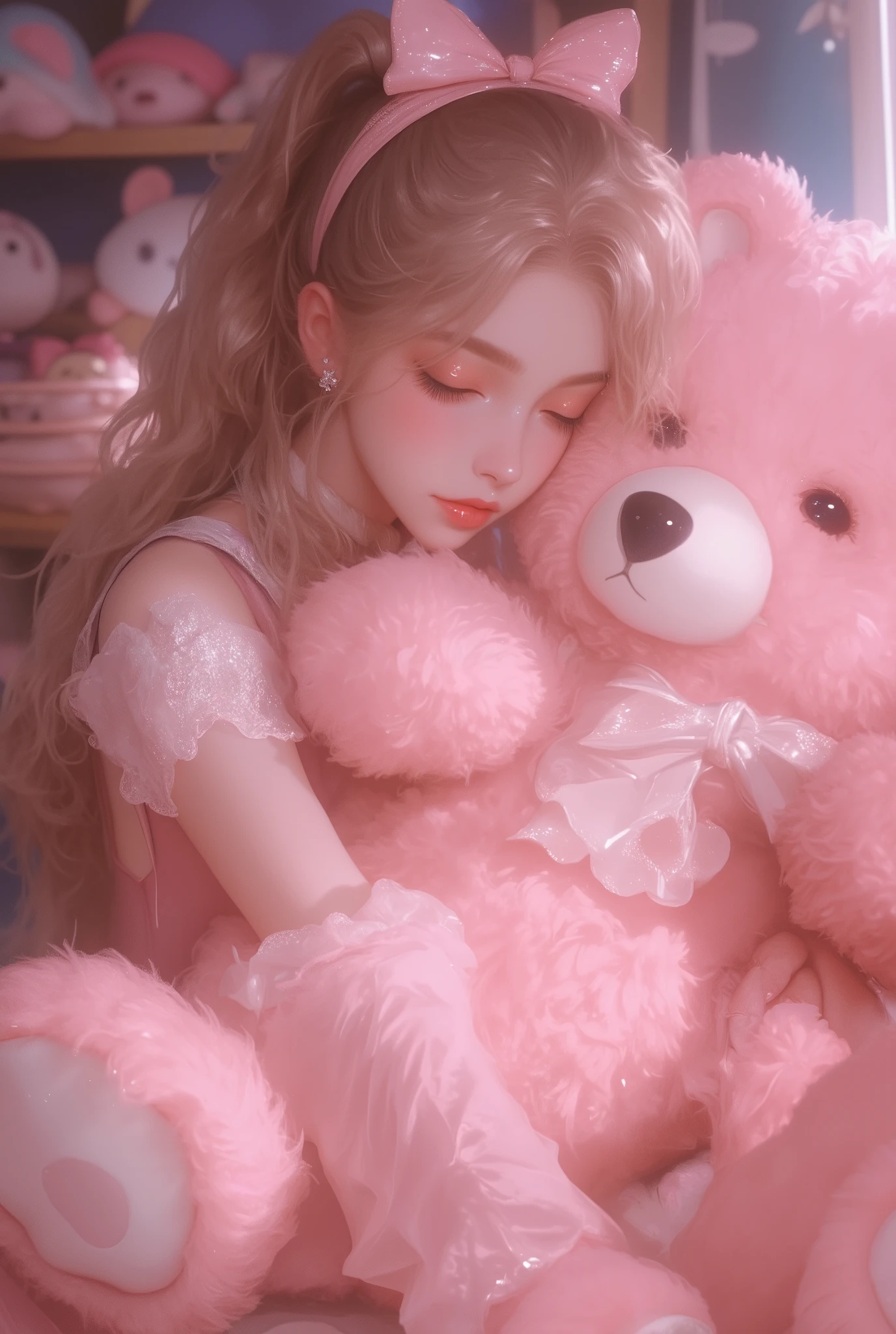 Best quality,masterpiece,ultra high res,beautiful, extremely detailed face, perfect lighting, perfect face, 16k, beautiful women, 1 garota , 16k, Best quality,masterpiece,ultra high res,beautiful, extremely detailed face, 16k, O tempo se passa nos tempos modernos. In a room full of colorful plushies and cute things, there is a girl hugging a pink teddy bear. The teddy bear is very furry and pink, also very big. The girl wears a furry pink top and a furry pink short skirt, the girl's hair is decorated with a light pink bow, and the girl's nails are painted pink. The girl has an ethereal and delicate beauty, with long golden blonde hair, blue eyes, slightly pink cheeks and full pink lips.