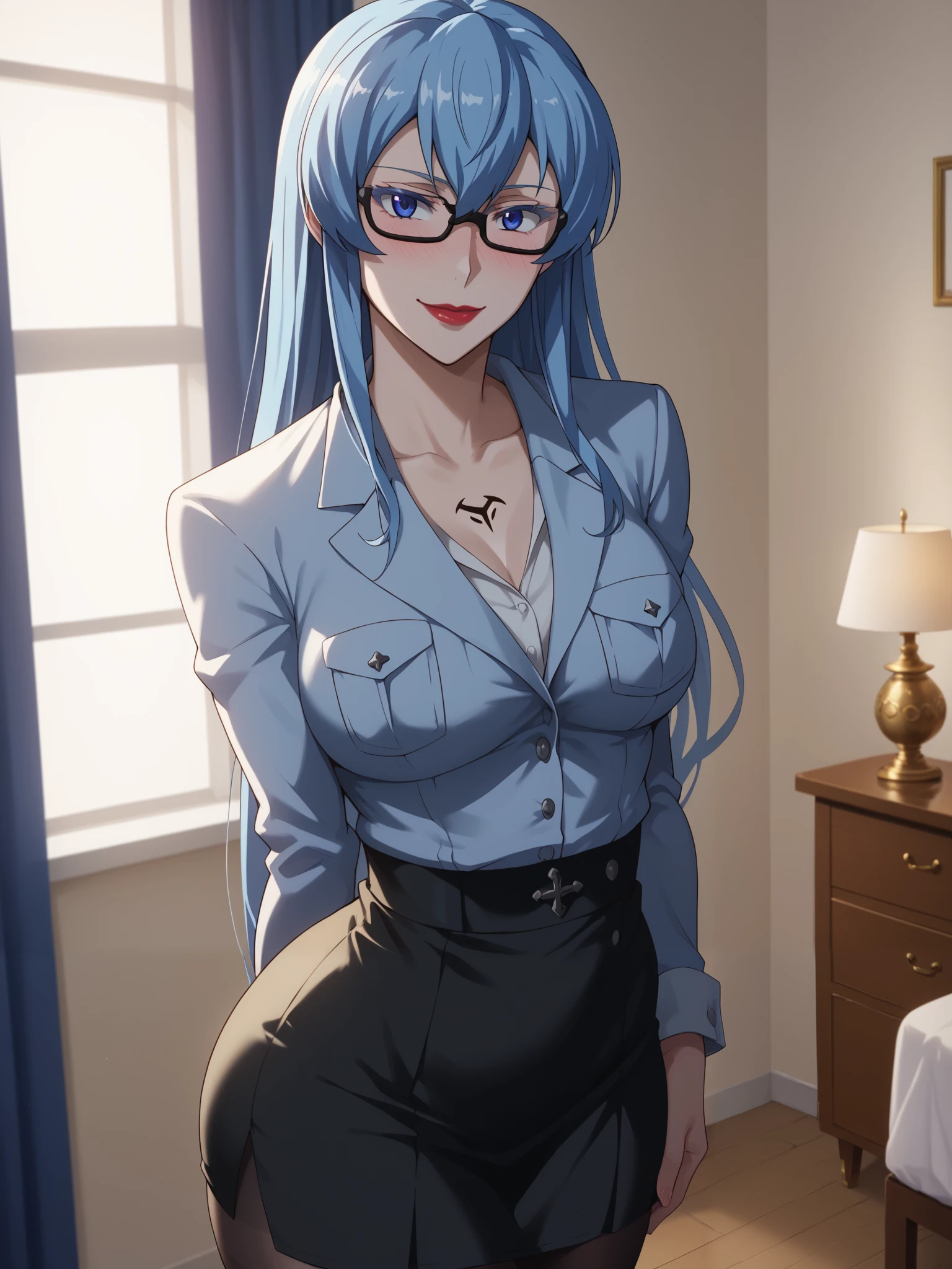 Girls, smile, red lips, fair skin, glasses, black glasses colors, big boobs, long hair, blue hair colors, big breats, big ass big butt, sexy body, thic body, secretary's clothes, blue secretary's clothes colors, mini skirt, black mini skirt colors, pantyhose, black pantyhose colors, beauty girls, sexy pose, in bedroom background, gaze looking at the camera, Score_9, Score_8_up, Score_7_up, Score_6_up, Score_5_up, Score_4_up, Source_anime, Tag1, Tag2, Best quality, High quality, Detailed, High resolution, 8k, Ultra high res, Soft saturation, Professional quality, Perfect contrast, Perfect litthing, Anatomically correct,, Sensual woman, Esdeath from the anime Akame Ga Kill , 1 girl, innocant mood, pure, angelic mood, she is in love with the viewer, perfect body shape, thin waist, round perfectly shaped ass, blue haired, Embarrassed, shy, seductive BREAK high-angle view,