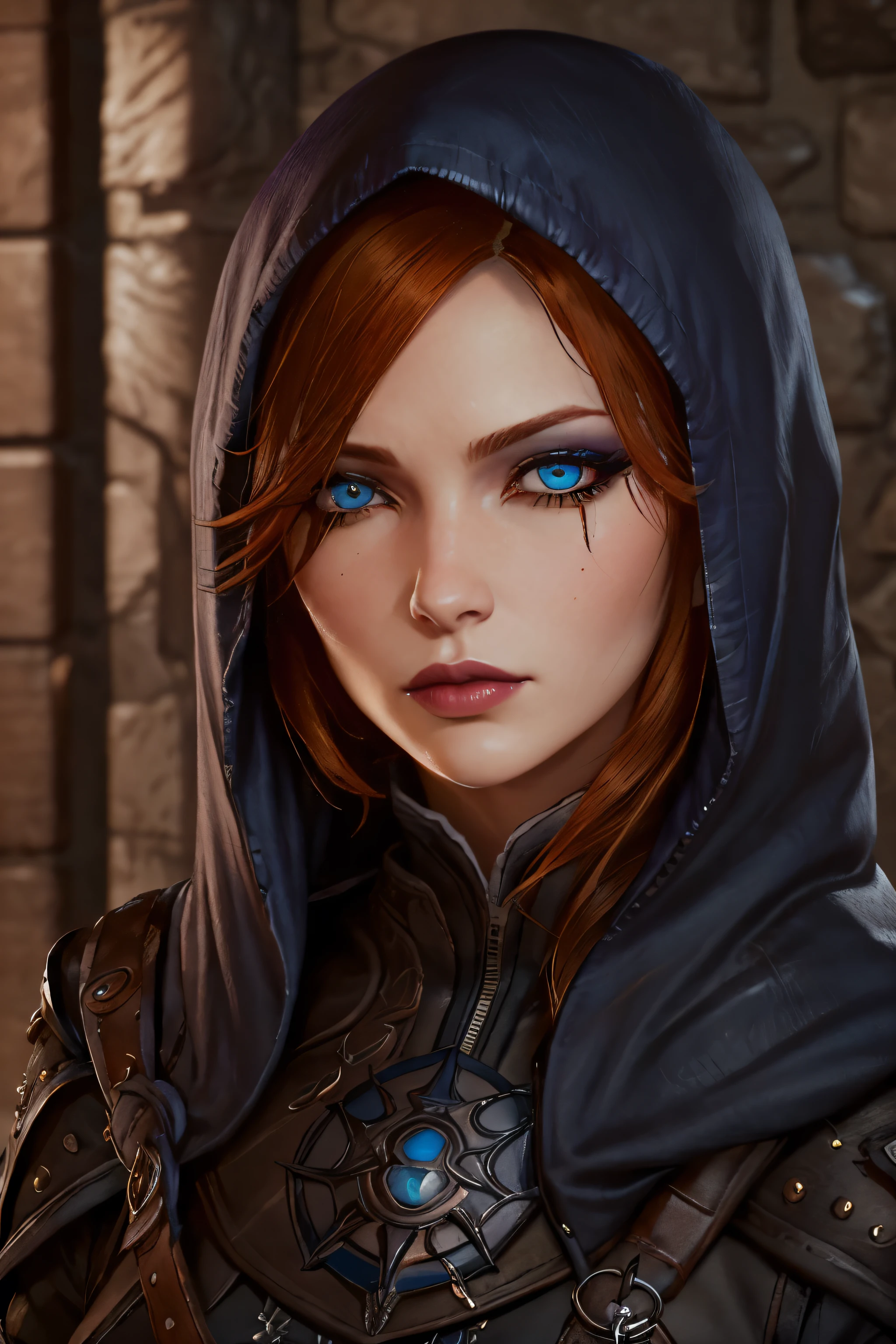 (Best quality, masterpiece), 1Woman, Beautiful Woman, DALeliana, medium hair, orange hair, (blue eyes), Black Makeup, Smoky Eye shadow, Dark Eyeliner, Long Eyelashes, Leather Assassin Armor, hood Extremely detailed eyes,