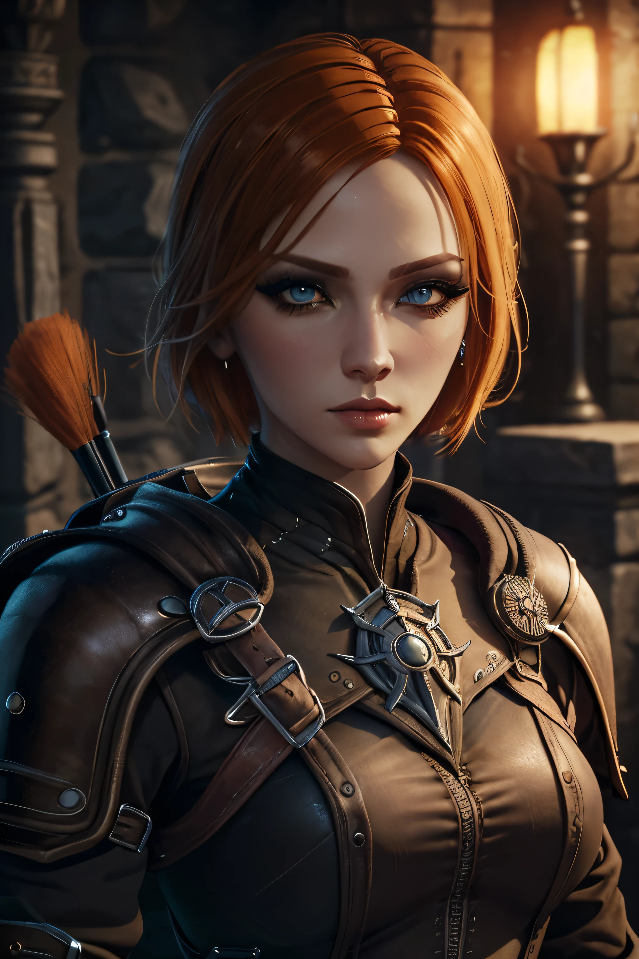(Best quality, masterpiece), 1Woman, Beautiful Woman, DALeliana, medium hair, orange hair, blue eyes, Black Makeup, Smoky Eye shadow, Dark Eyeliner, Long Eyelashes, Leather Assassin Armor, Extremely Detailed eyes