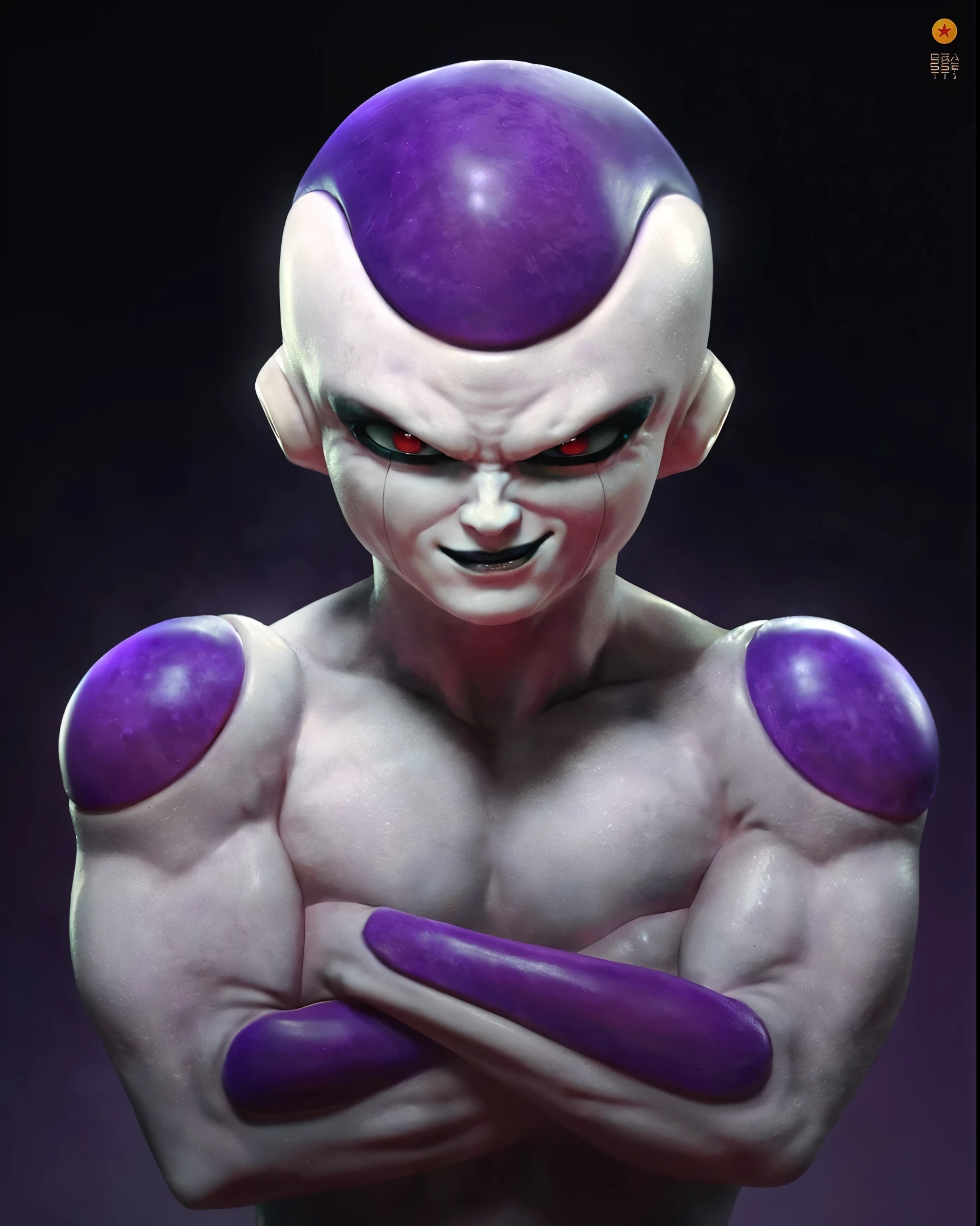 a close up of emma watson as frieza with a purple hair and a purple shirt, dragon ball concept art, zbrushcentral, character dragonball, made in zbrush, photorealistic human goku, high detail iconic character, zbrush 3 d render, painted in zbrush, made with zbrush, in a menacing pose, zbrush central contest winner, scary angry pose