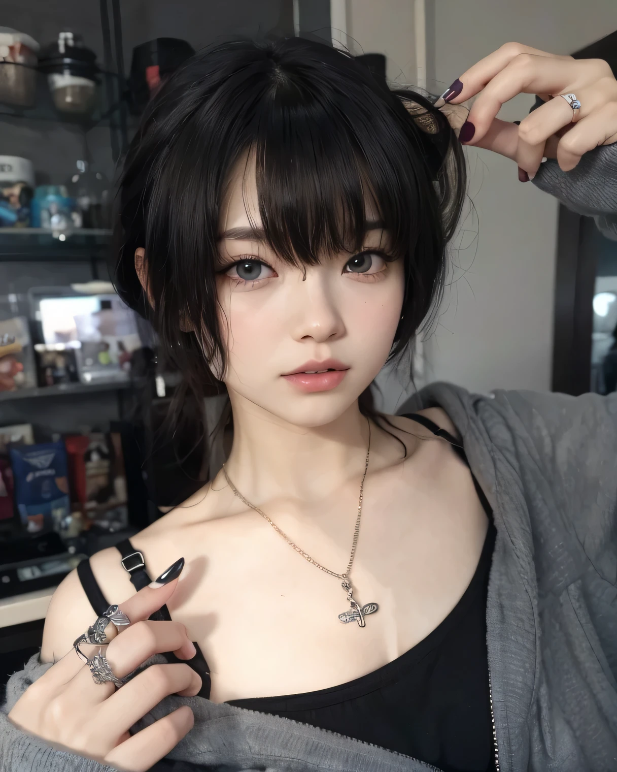8k、masterpiece、Highest quality、High resolution、Super Resolution、Very detailed、 ((Upper shot close-up)) 、(1 female、、Baby Face、slim、thin、Flat Body)、(masterpiece, Highest quality, Super detailed), woman, alone, View your viewers, Hypno Lola, Hollow Eyes, Black Hair, White jacket, Outdoor, Goth, Pale skin, mascara, Iris, eyeliner, chest, Black Lips, Black Lipstick, Smokey Eye,eye shadow, collar