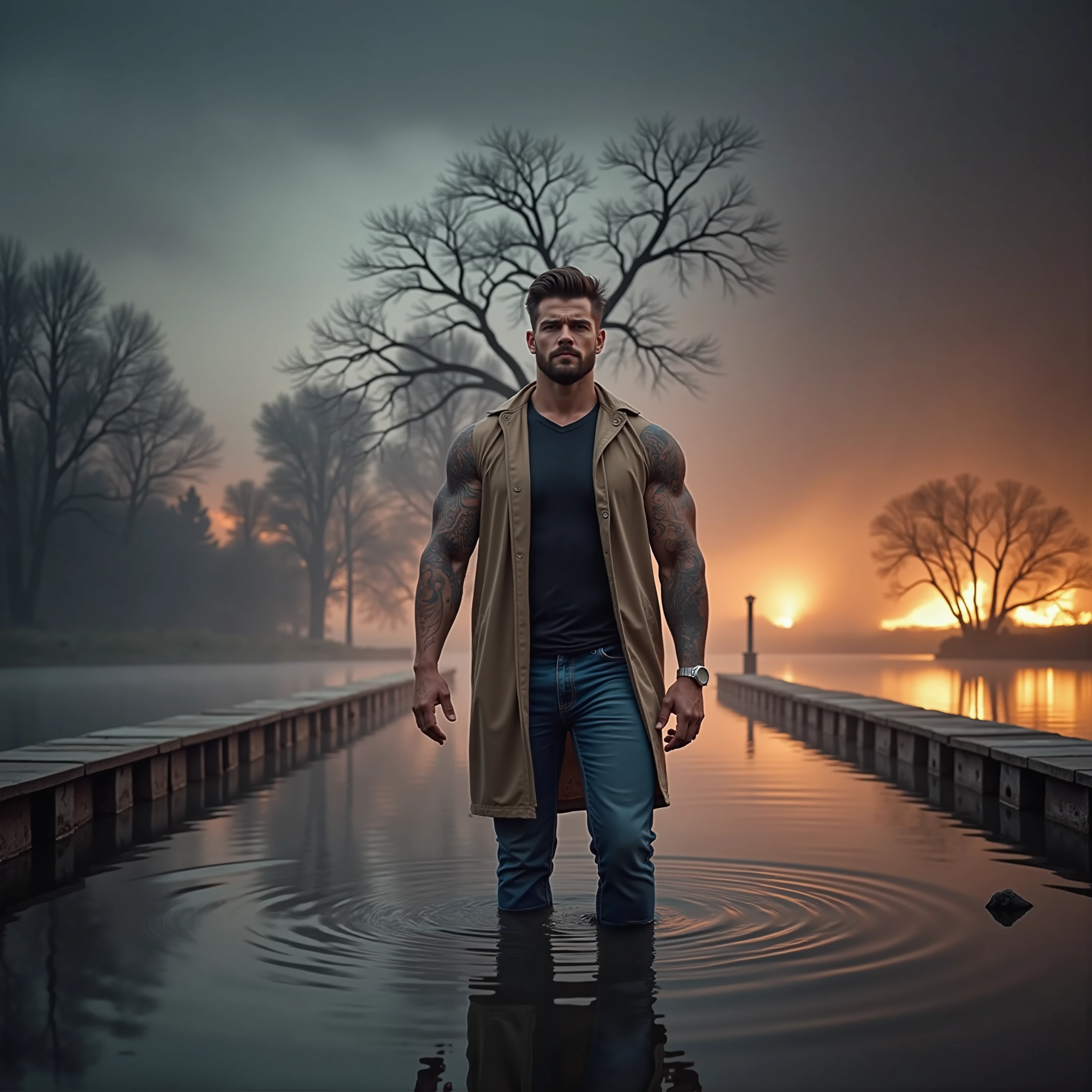 ((Masterpiece, High Quality)), Best Quality, ultra quality, highly detailed , ultrarealistic , cinematic, best quality, high resolution ,masterpiece , realistic , photorealistic realistic eyes, intricate details, detailed background, depth of field, dynamic pose, dynamic angle ,a very shredded big muscle man, standing in a water ,fire and smoke around him ,very handsome and good looking , handsome , high resolution committee, attractive strong male, lonely masterpiece, wide angle, highlighting the strong muscle lines , symbol of strength. Perspective and perspective: shooting from a low angle , highlighting the height and majesty of men. Or use a side perspective to show the posture and tattoo of a men.