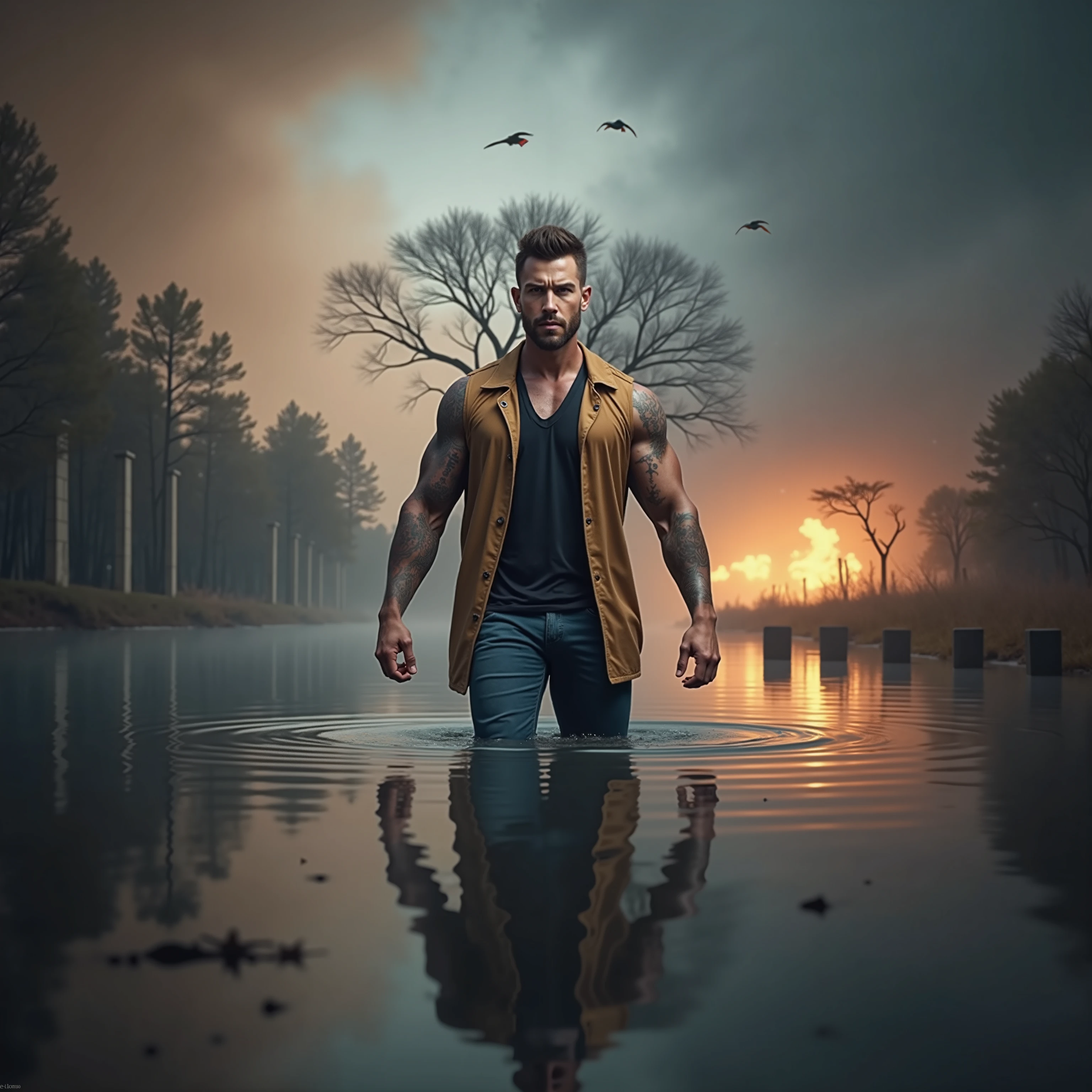 ((Masterpiece, High Quality)), Best Quality, ultra quality, highly detailed , ultrarealistic , cinematic, best quality, high resolution ,masterpiece , realistic , photorealistic realistic eyes, intricate details, detailed background, depth of field, dynamic pose, dynamic angle ,a very shredded big muscle man, standing in a water ,fire and smoke around him ,very handsome and good looking , handsome , high resolution committee, attractive strong male, lonely masterpiece, wide angle, highlighting the strong muscle lines , symbol of strength. Perspective and perspective: shooting from a low angle , highlighting the height and majesty of men. Or use a side perspective to show the posture and tattoo of a men.