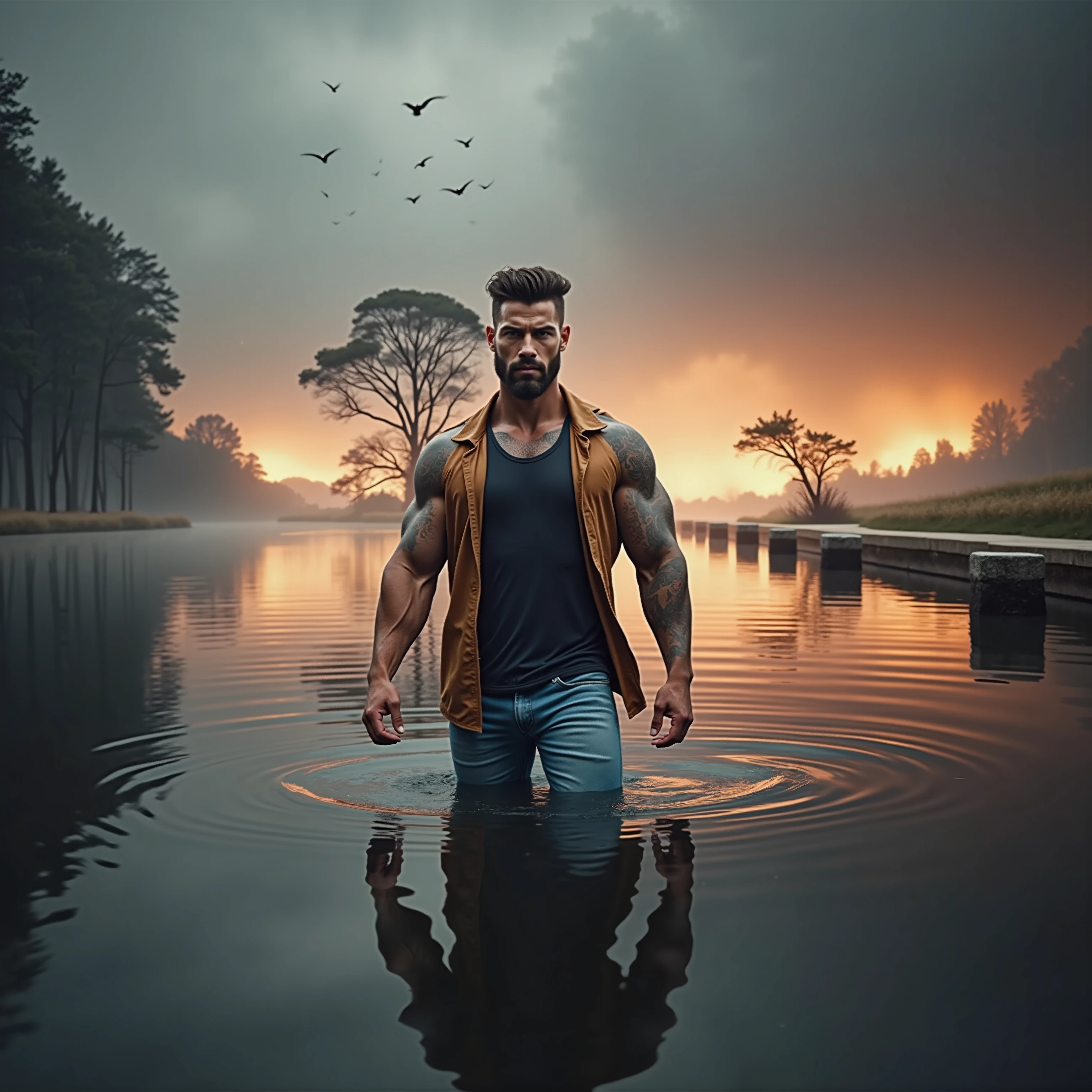 ((Masterpiece, High Quality)), Best Quality, ultra quality, highly detailed , ultrarealistic , cinematic, best quality, high resolution ,masterpiece , realistic , photorealistic realistic eyes, intricate details, detailed background, depth of field, dynamic pose, dynamic angle ,a very shredded big muscle man, standing in a water ,fire and smoke around him  ,very handsome and good looking , handsome  , high resolution committee, attractive strong male, lonely masterpiece, wide angle, highlighting the strong muscle lines ,  symbol of strength. Perspective and perspective: shooting from a low angle , highlighting the height and majesty of  men. Or use a side perspective to show the posture and tattoo of a  men.