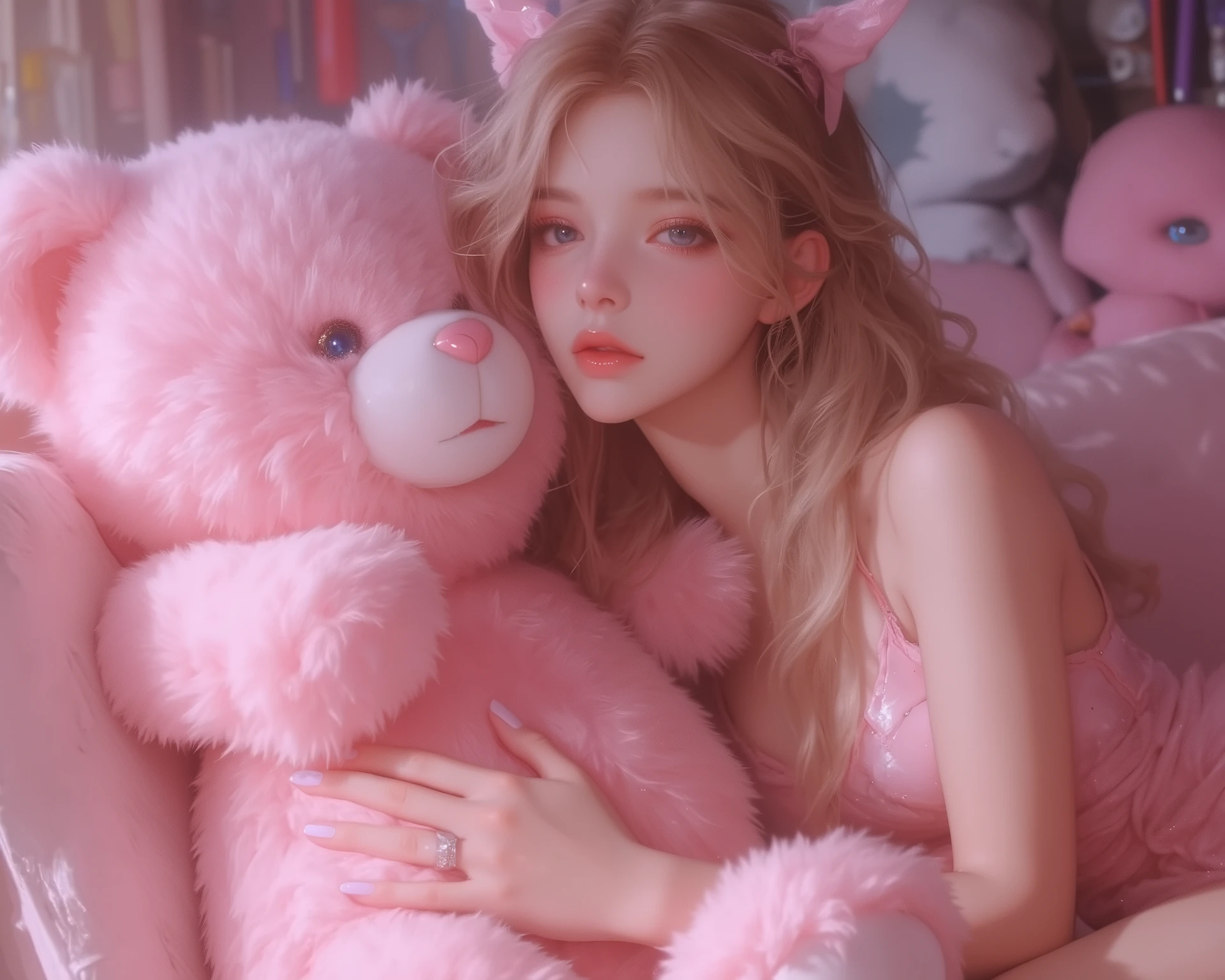 Best quality,masterpiece,ultra high res,beautiful, extremely detailed face, perfect lighting, perfect face, 16k, beautiful women, 1 garota , 16k, Best quality,masterpiece,ultra high res,beautiful, extremely detailed face, 16k, O tempo se passa nos tempos modernos. In a room full of colorful plushies and cute things, there is a girl hugging a pink teddy bear. The teddy bear is very furry and pink, also very big. The girl wears a furry pink top and a furry pink short skirt, the girl's hair is decorated with a light pink bow, and the girl's nails are painted pink. The girl has an ethereal and delicate beauty, with long golden blonde hair, blue eyes, slightly pink cheeks and full pink lips.