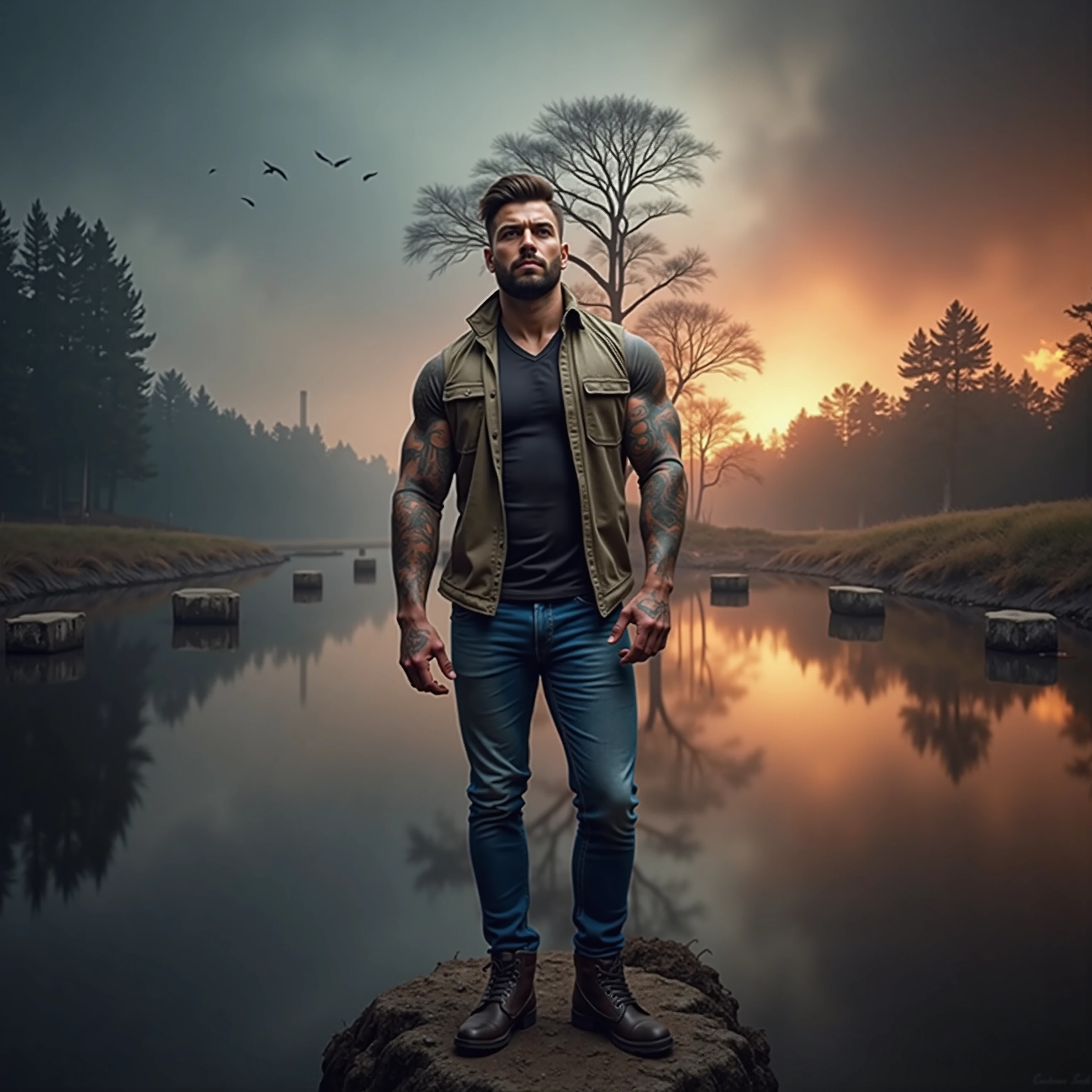 ((Masterpiece, High Quality)), Best Quality, ultra quality, highly detailed , ultrarealistic , cinematic, best quality, high resolution ,masterpiece , realistic , photorealistic realistic eyes, intricate details, detailed background, depth of field, dynamic pose, dynamic angle ,a very shredded big muscle man, standing in a water ,fire and smoke around him ,very handsome and good looking , handsome , high resolution committee, attractive strong male, lonely masterpiece, wide angle, highlighting the strong muscle lines , symbol of strength. Perspective and perspective: shooting from a low angle , highlighting the height and majesty of men. Or use a side perspective to show the posture and tattoo of a men.