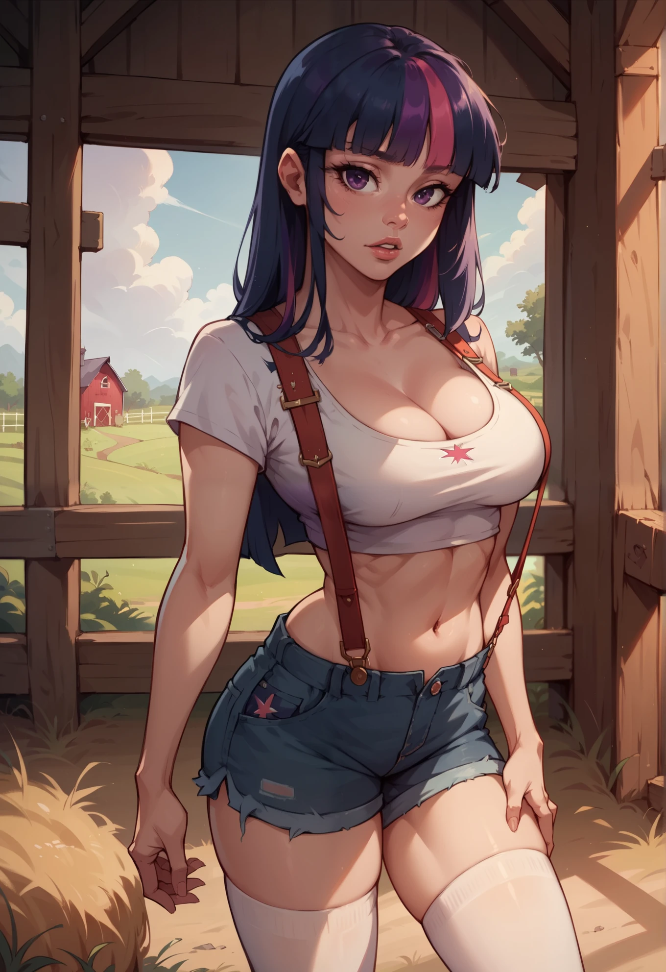 realistic, masterpiece, ray tracing, black hair, tight shorts, crop top, bra, tight clothing, sleeveless, no teeth, smile, huge breasts, nipple, nipple visible through bra, cleavage, red lipstick, blue eyes, wide hips, thick thighs, legs, boots, muscles, abs, pretty face, on top of hill, grass, flowers, trees, sitting down, watching sunset, stars, night sky, moon, clouds