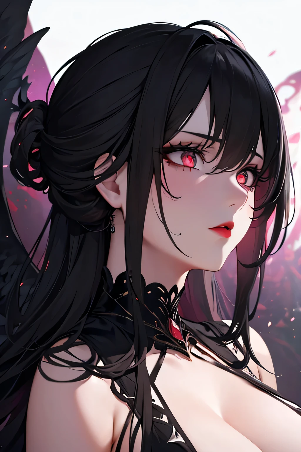 masterpiece, 1 mature woman, spider woman, drider, long black hair, hair in ponytail, Looking down at camera, red eyes, frowning, web background, spider, spiders, ink drawing