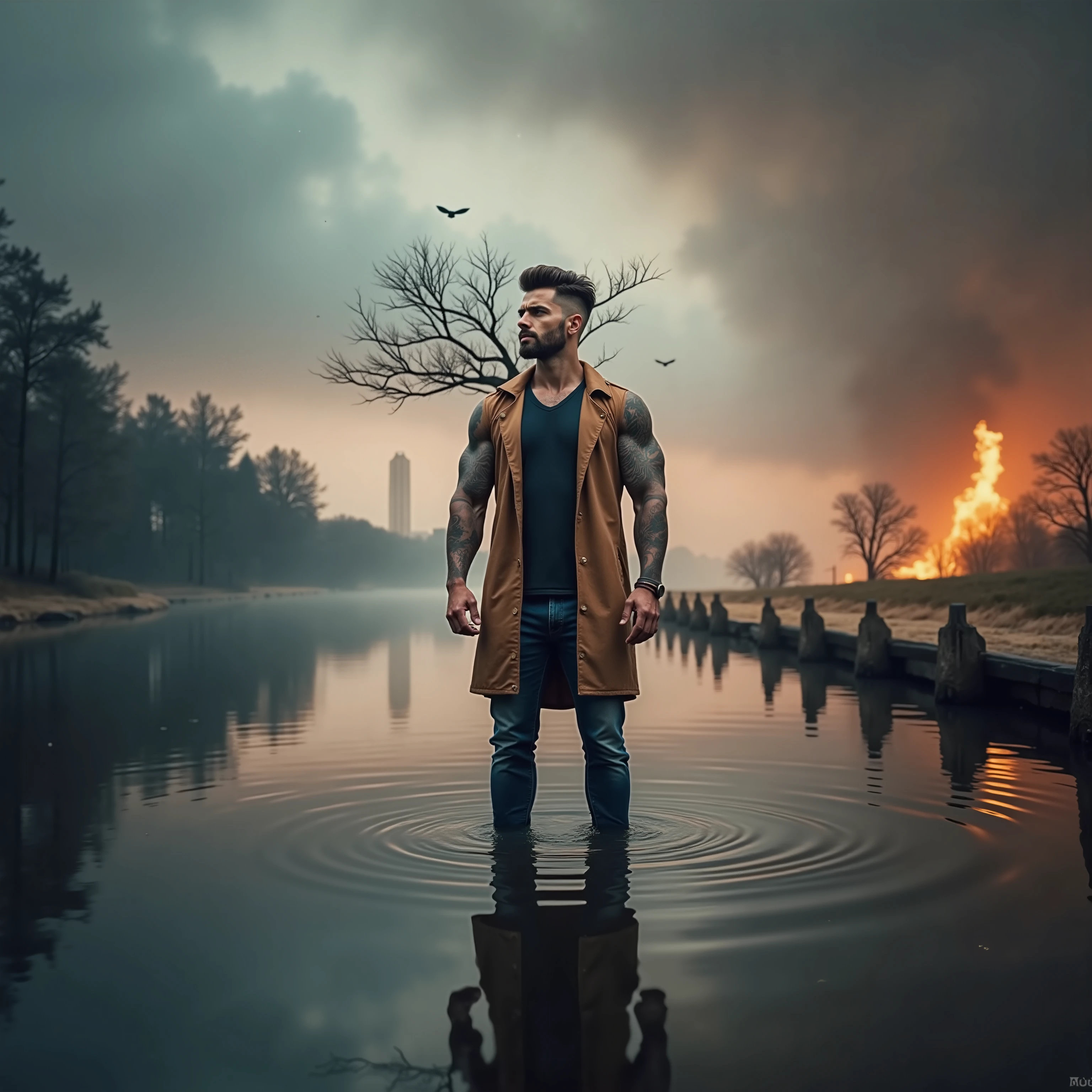 ((Masterpiece, High Quality)), Best Quality, ultra quality, highly detailed , ultrarealistic , cinematic, best quality, high resolution ,masterpiece , realistic , photorealistic realistic eyes, intricate details, detailed background, depth of field, dynamic pose, dynamic angle ,a very shredded big muscle man, standing in a water ,fire and smoke around him  ,very handsome and good looking , handsome  , high resolution committee, attractive strong male, lonely masterpiece, wide angle, highlighting the strong muscle lines ,  symbol of strength. Perspective and perspective: shooting from a low angle , highlighting the height and majesty of  men. Or use a side perspective to show the posture and tattoo of a  men.