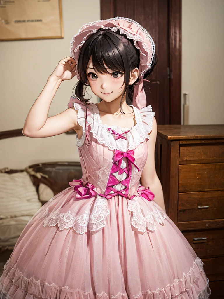 ,highest quality, masterpiece, highest resolution, artwork, super それにget used to it, many get used to it, get used to it, それにget used to it, 3K realistic photos,,((Little girl at 10 years old)),Super detailed baby face,she is a princess,Full length ball gown dress with hoop skirt,ruffle yoke collar,puff sleeves,long sleeve,((Lolita style hot pink detailed princess satin dress、Comes with lots of frills and ribbons。)),Loco's colorful fashion,shiny satin dress,Soft and smooth fabric,luxury,long blonde hair,blue eyes,white skin european,pajamas,((inside the palace)),,,(( at 10 years old)),Super detailed baby face,Full length ball gown dress with hoop skirt,ruffle yoke collar,puff sleeves,腰まで伸びるlong blonde hair,blue eyes,white skin european,pajamas,((inside the palace bedroom)),ピンクのシルクサテンのluxuryなCanopy bedの上に寝転がる,Canopy bed,luxurious curtains under the canopy,Many frilly pillows on the bed,super detailed background,Detailed bed,romantic atmosphere,